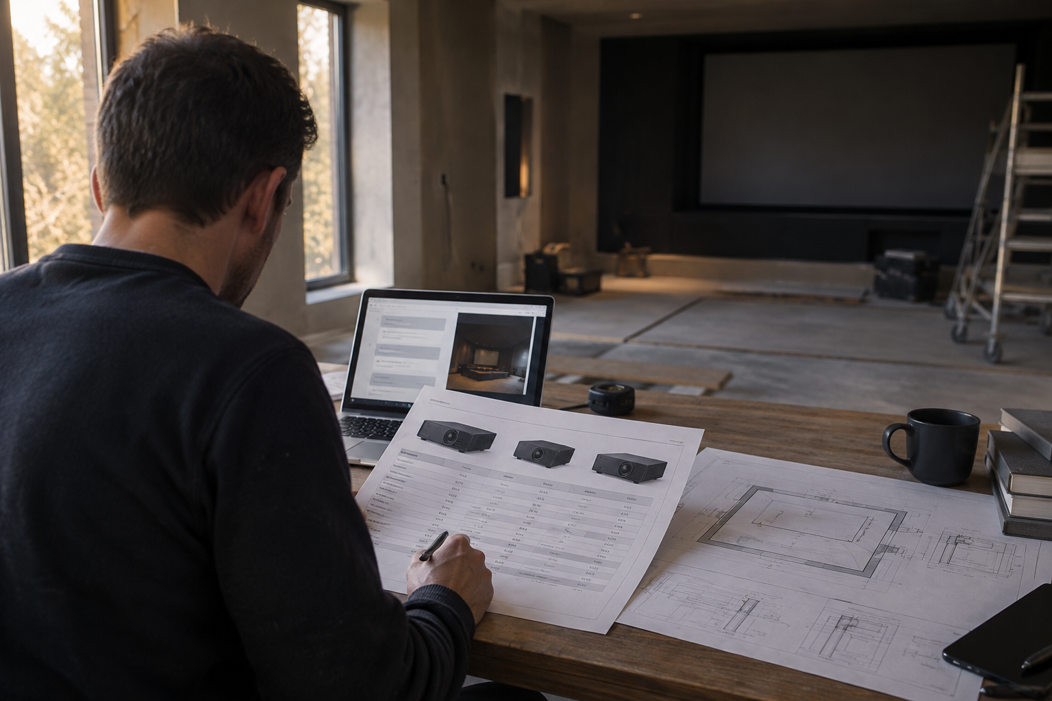 Home cinema consultant checking AI equipment recommendations against projector specifications beside a laptop