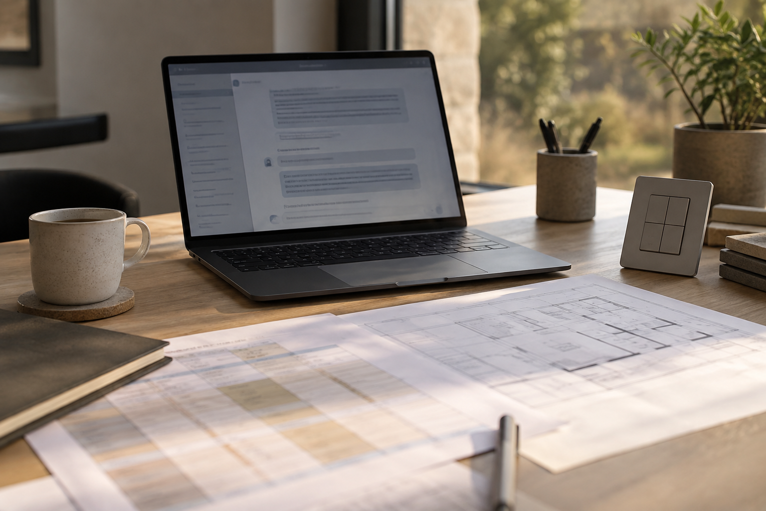 Laptop-based AI assistant for smart-home documentation beside lighting schedules and control drawings