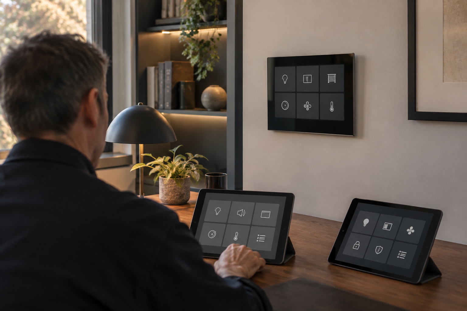 Android-based home control screens being checked beside portable tablets in a residential study