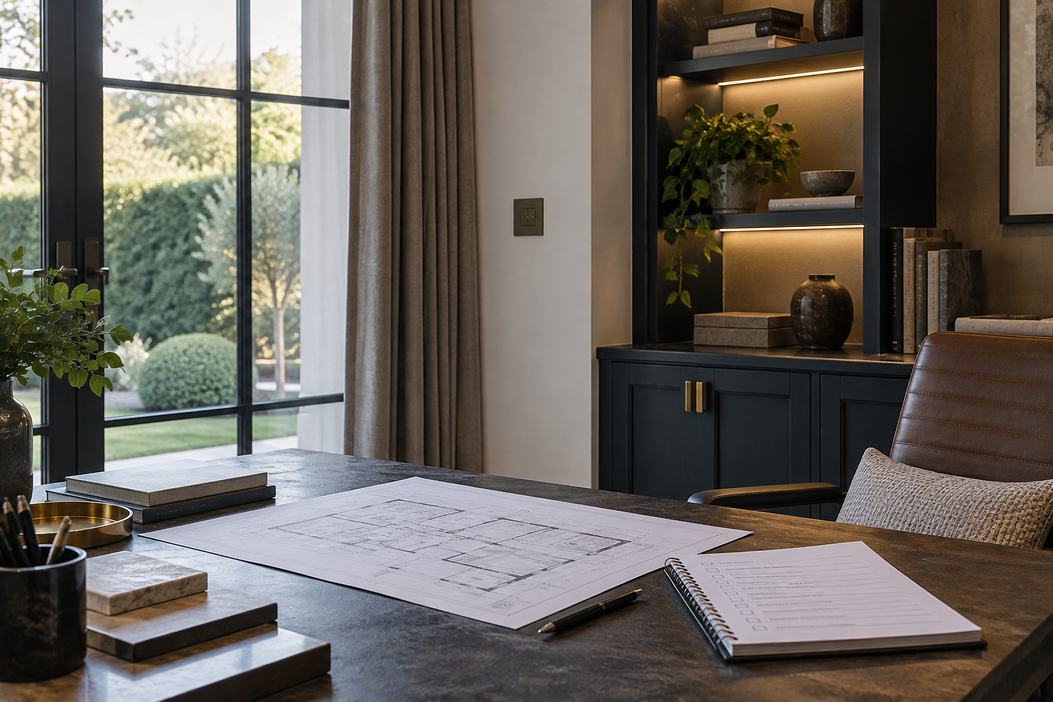 Contemporary home study illustrating artificial intelligence planning for discreet smart-home control.