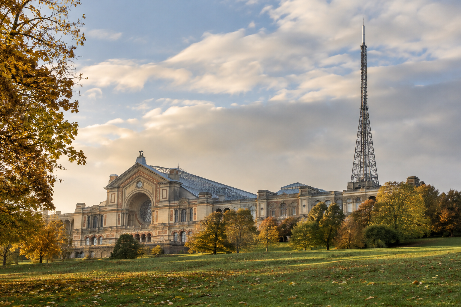 Alexandra Palace and its transmission mast, central to BBC television history.