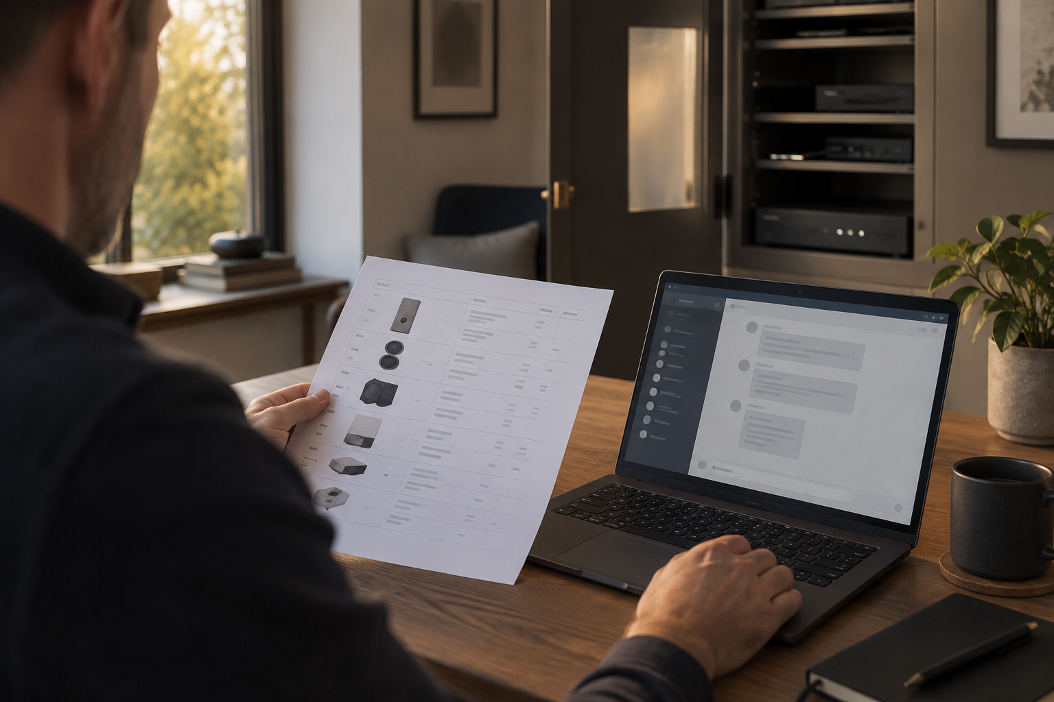 Conversational AI software beside an anonymised residential technology equipment schedule on a desk