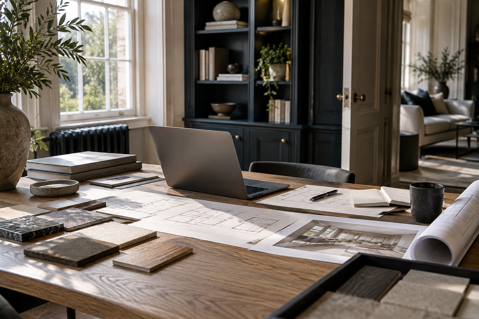Design studio documents and laptop illustrate ChatGPT Deep Research for home technology planning.