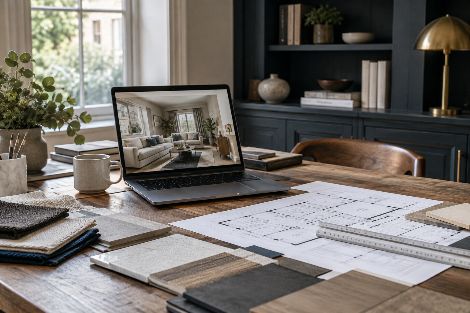 ChatGPT image generation context with interior concepts, measured plans and material samples