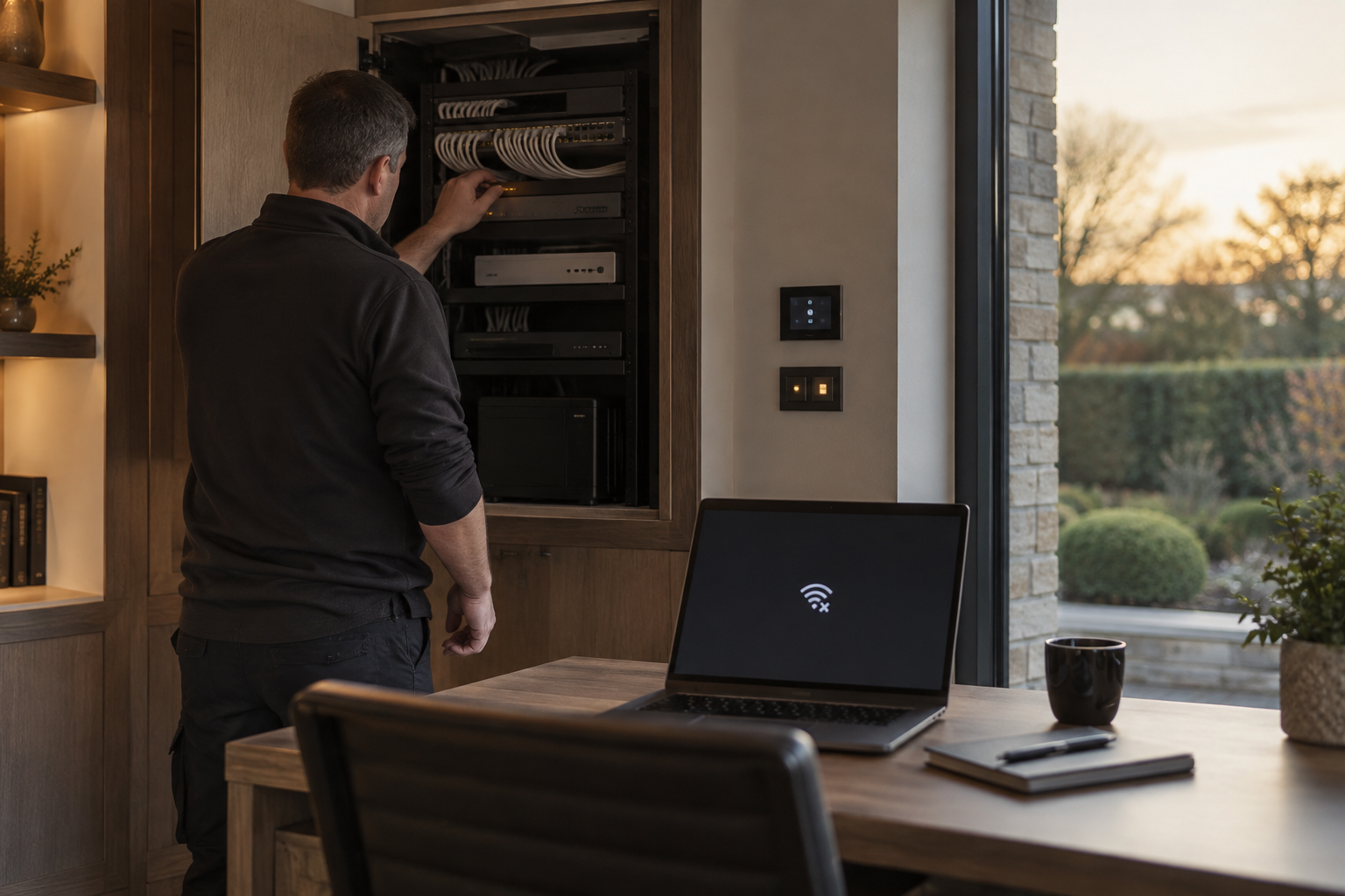 Cloud outage testing beside networking equipment and local controls in a residential office