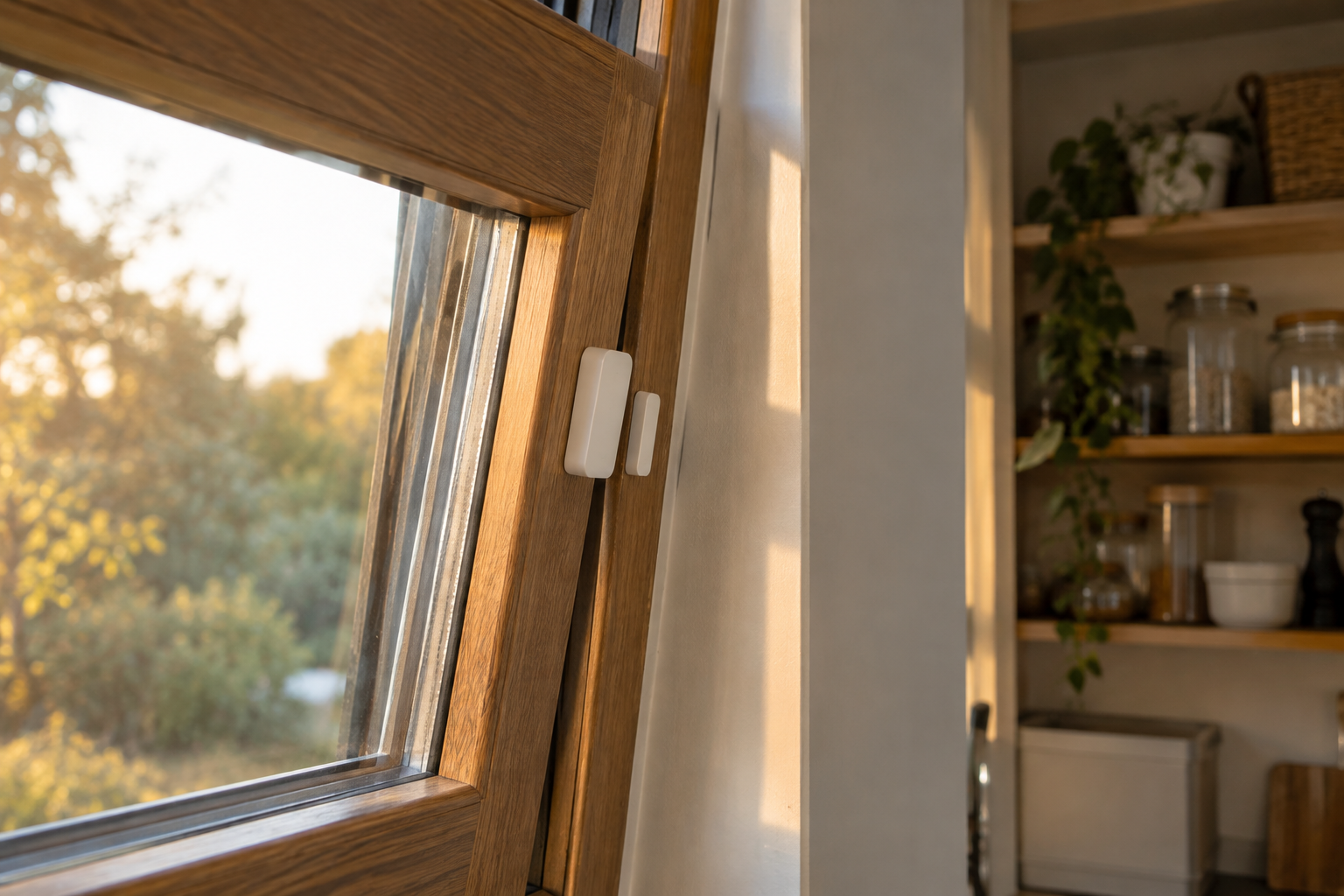 Compact door and window sensor fitted to a narrow timber window frame