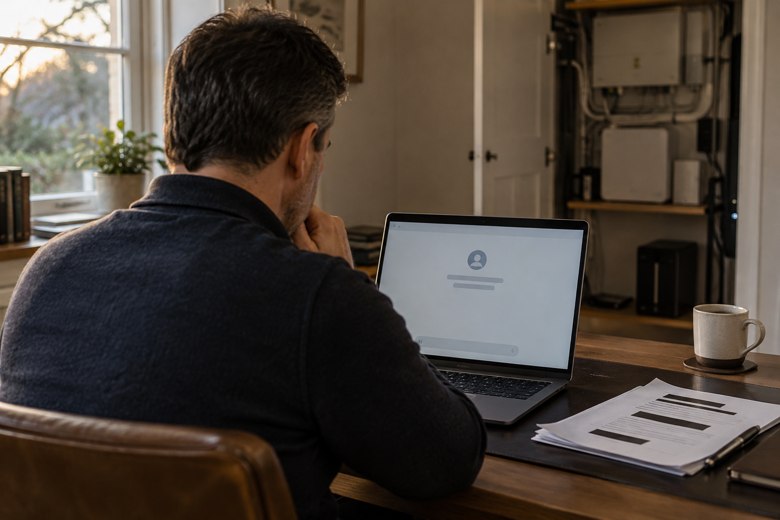 Conversational AI assistant on a laptop beside redacted smart home installation records