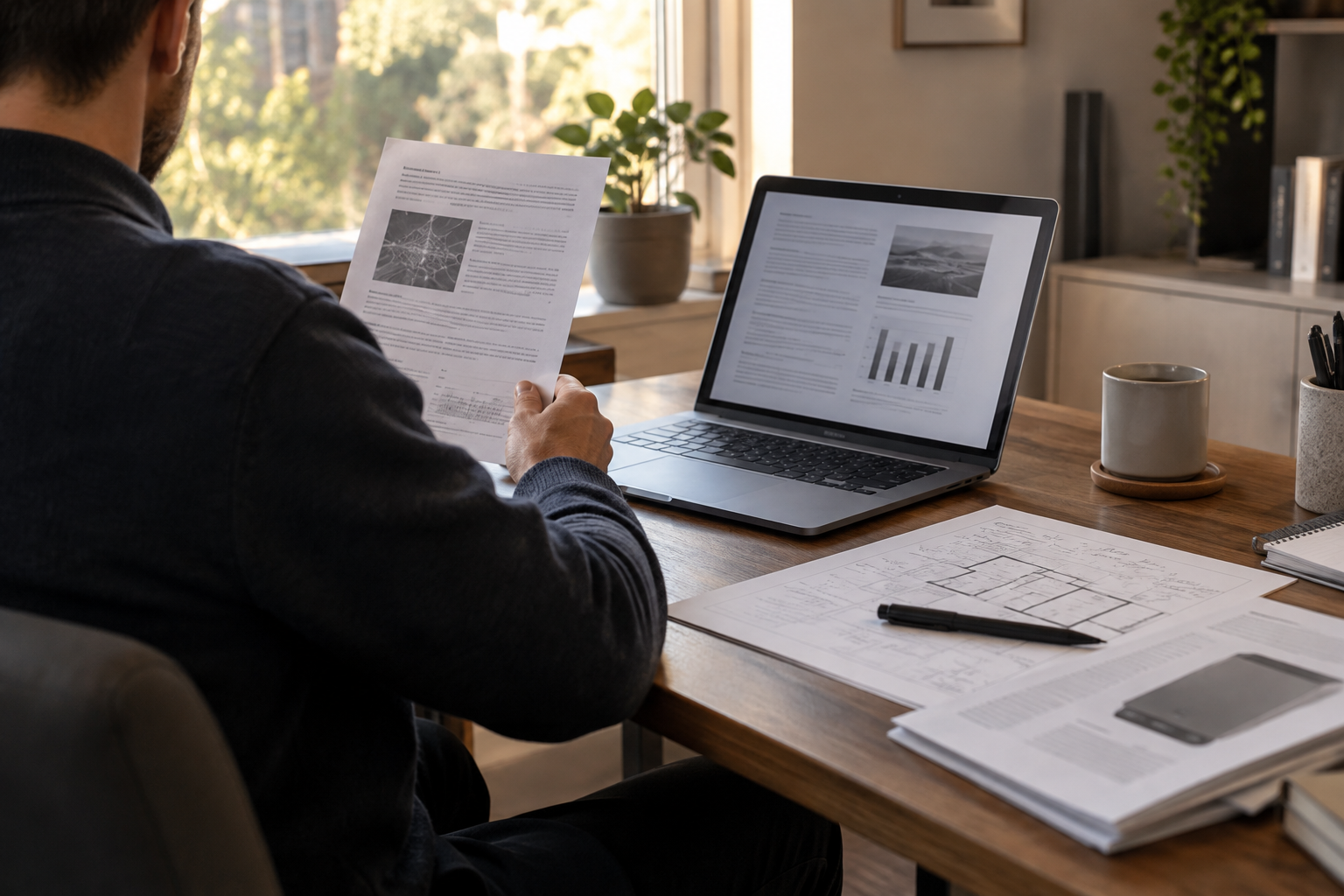 ChatGPT Deep Research report workflow represented by a laptop and annotated home technology plans
