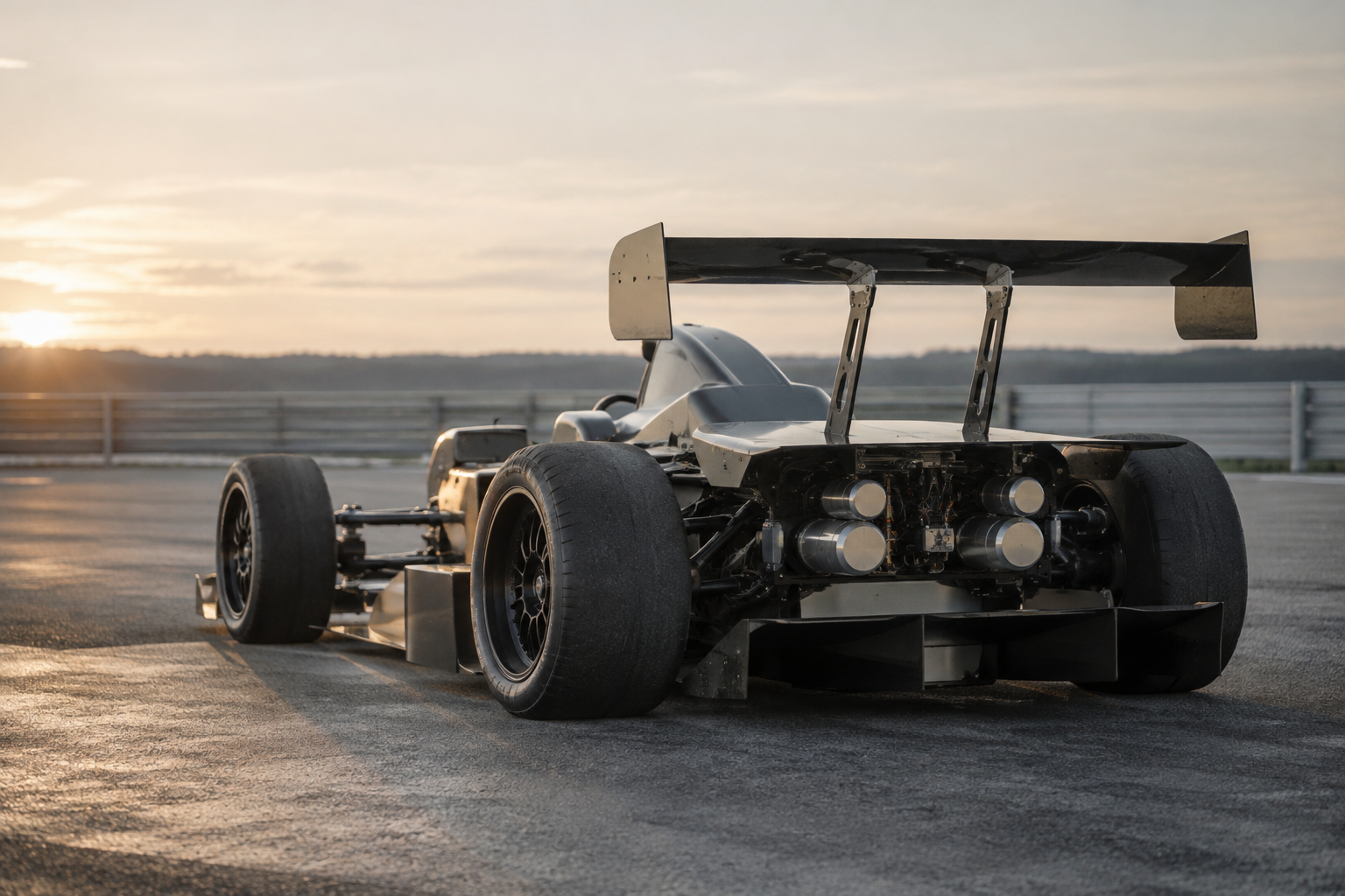Single-seat electric track car with rear thruster outlets and a raised adjustable wing