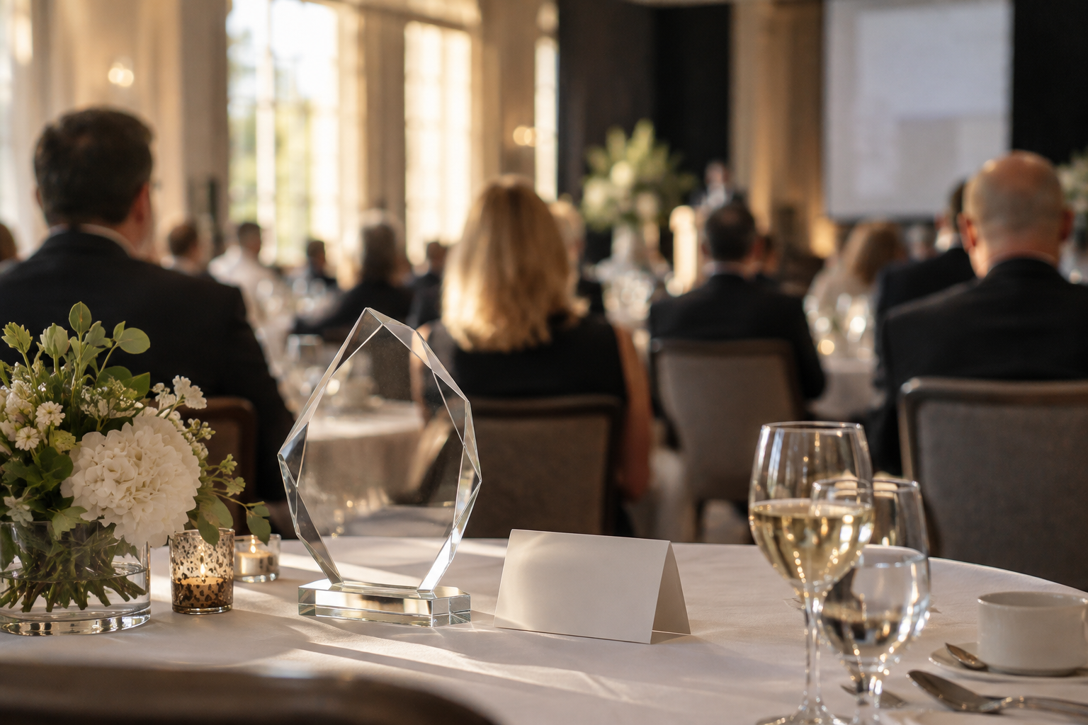 Glass trophy overlooking an electrical retail awards ceremony in a London ballroom