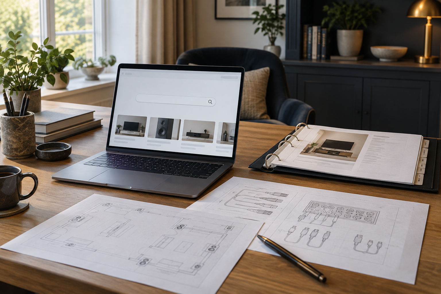 Google Search research context with residential AV diagrams and technical specification documents.
