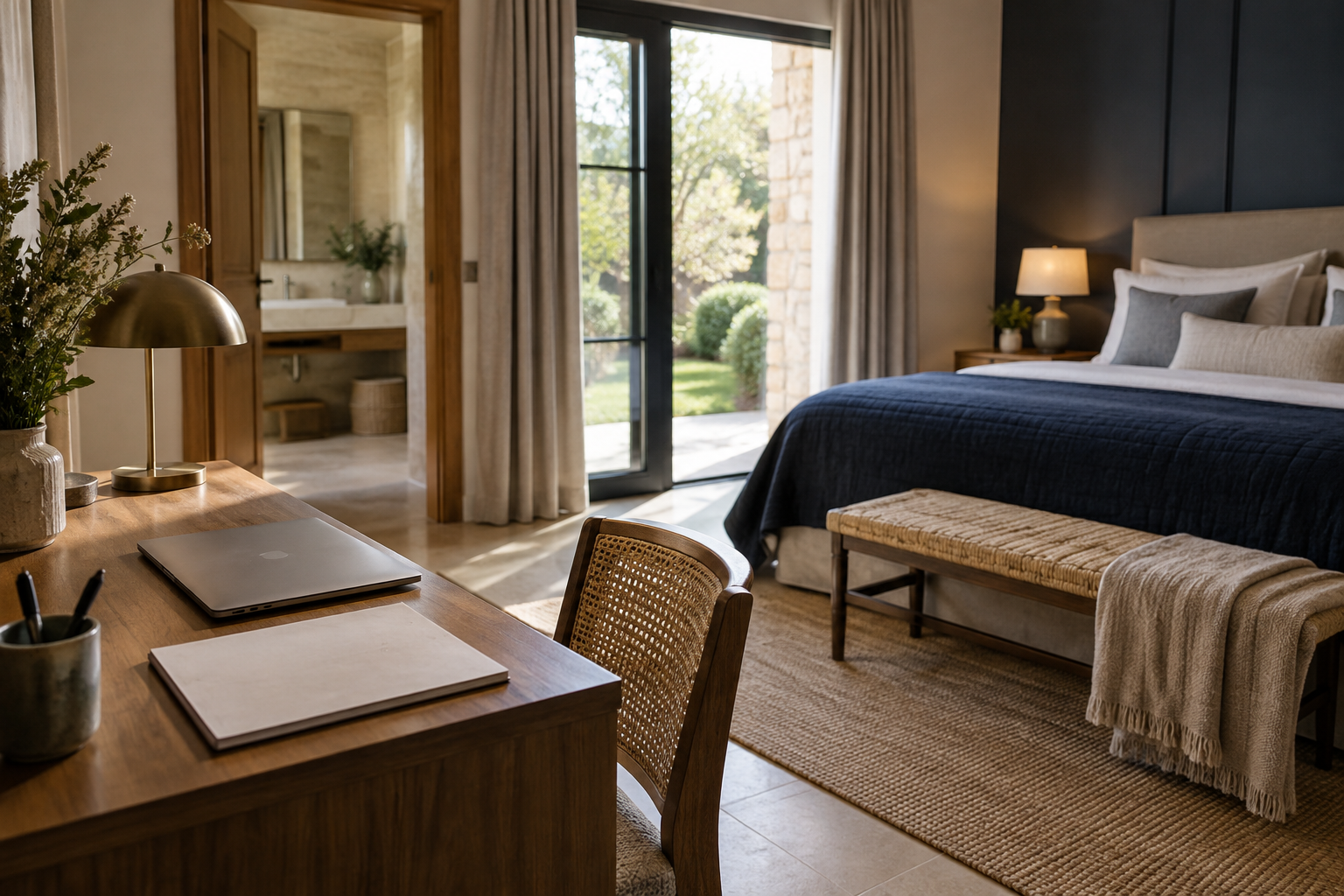 Guest suite illustrating the Google smart-home guest-access brief, with discreet workspace
