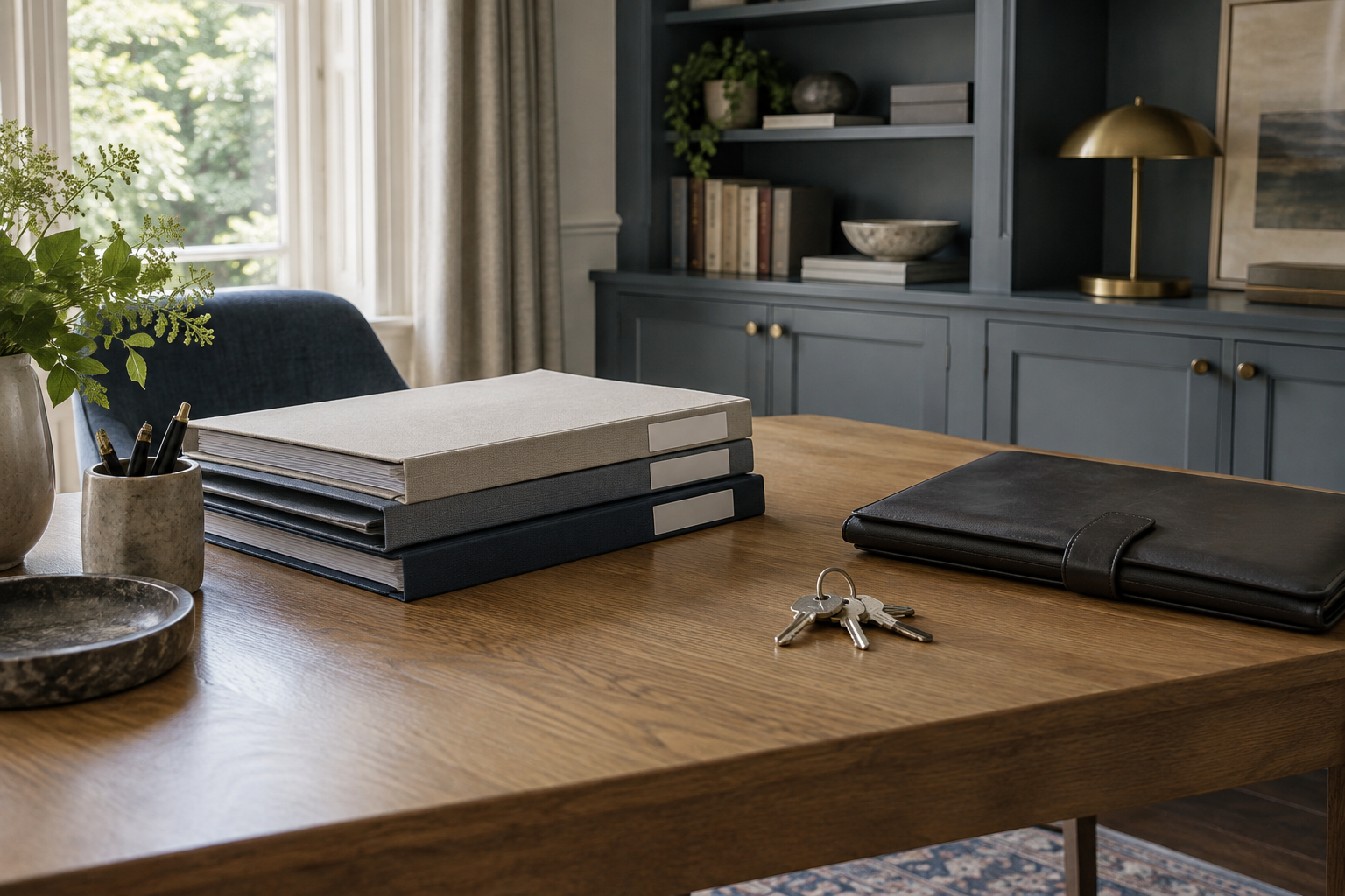 Google smart home handover documents and house keys in a refined residential study