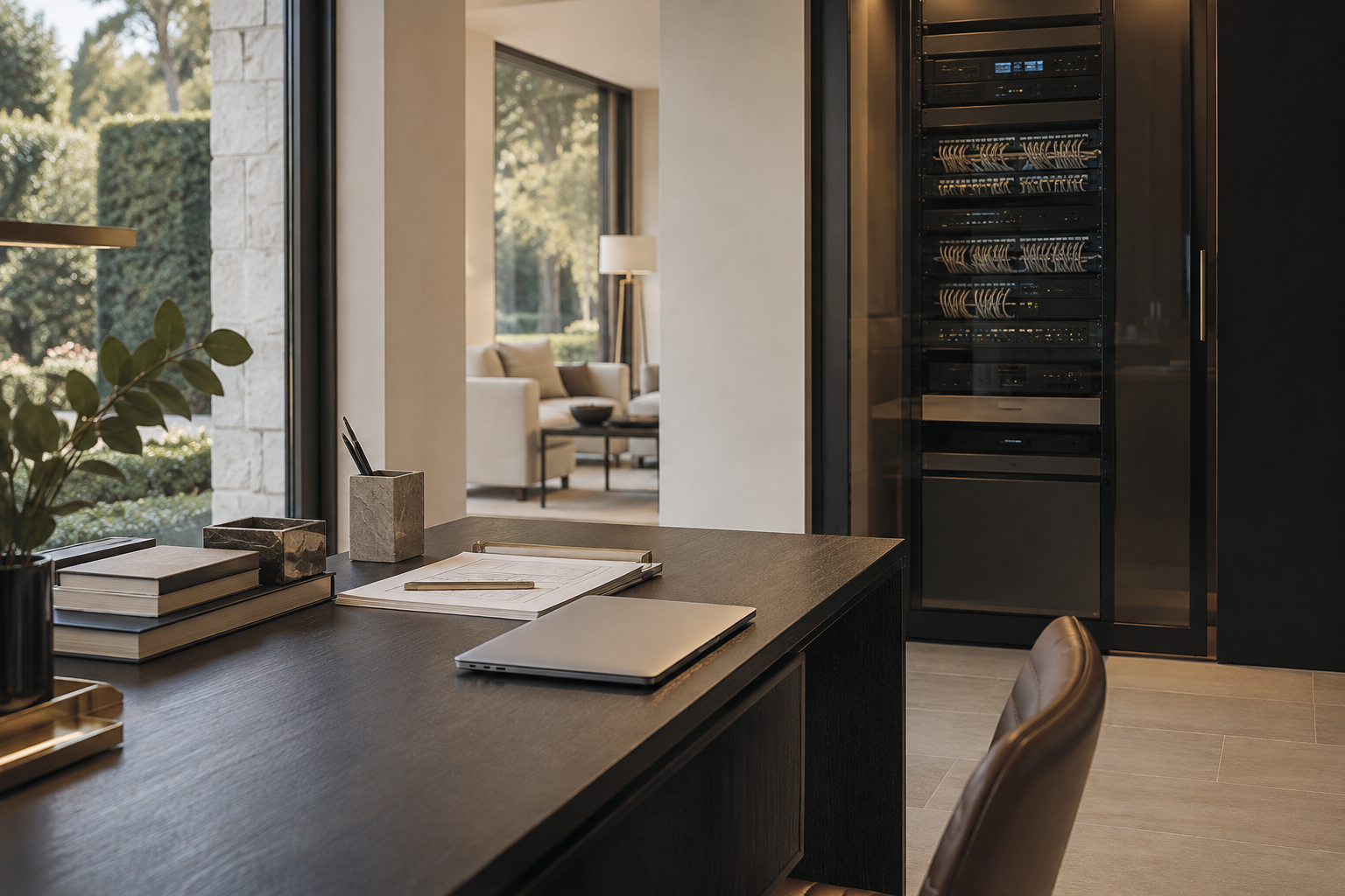 Residential technology workspace illustrating the Google Wiz acquisition’s cloud-security context.