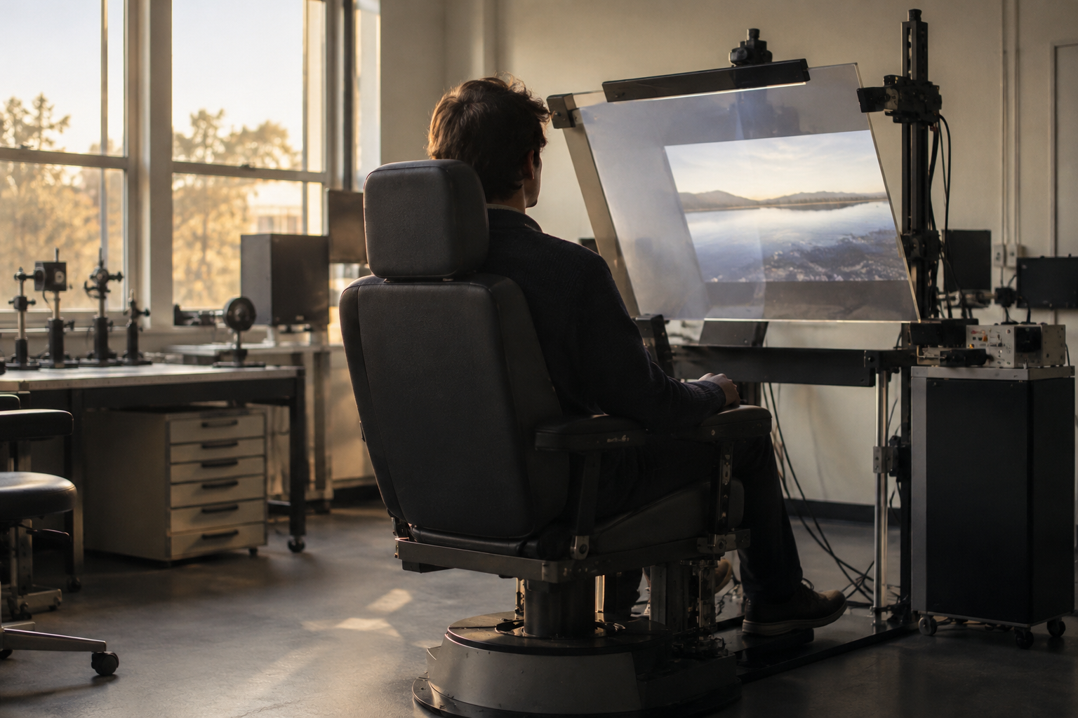 Headset-free VR chair with chair-mounted optical equipment in a university laboratory