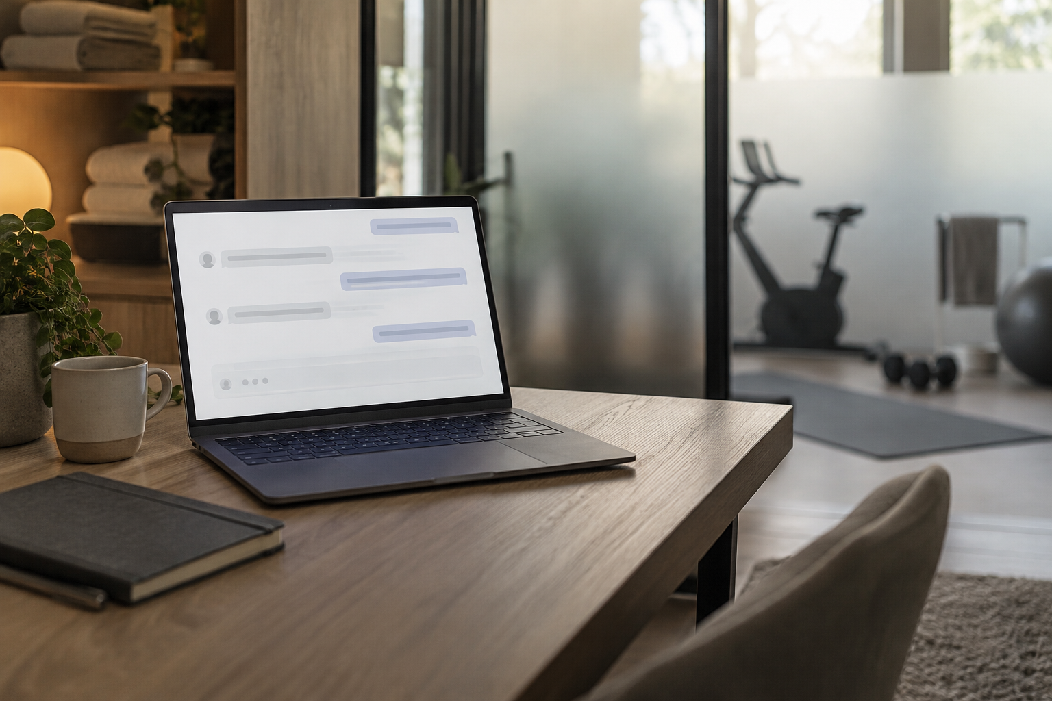 Generic laptop and notebook for ChatGPT Health planning in a private home wellness room