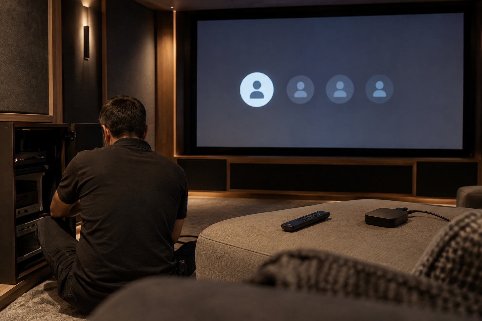 Home cinema streaming setup with account selection on screen during device commissioning