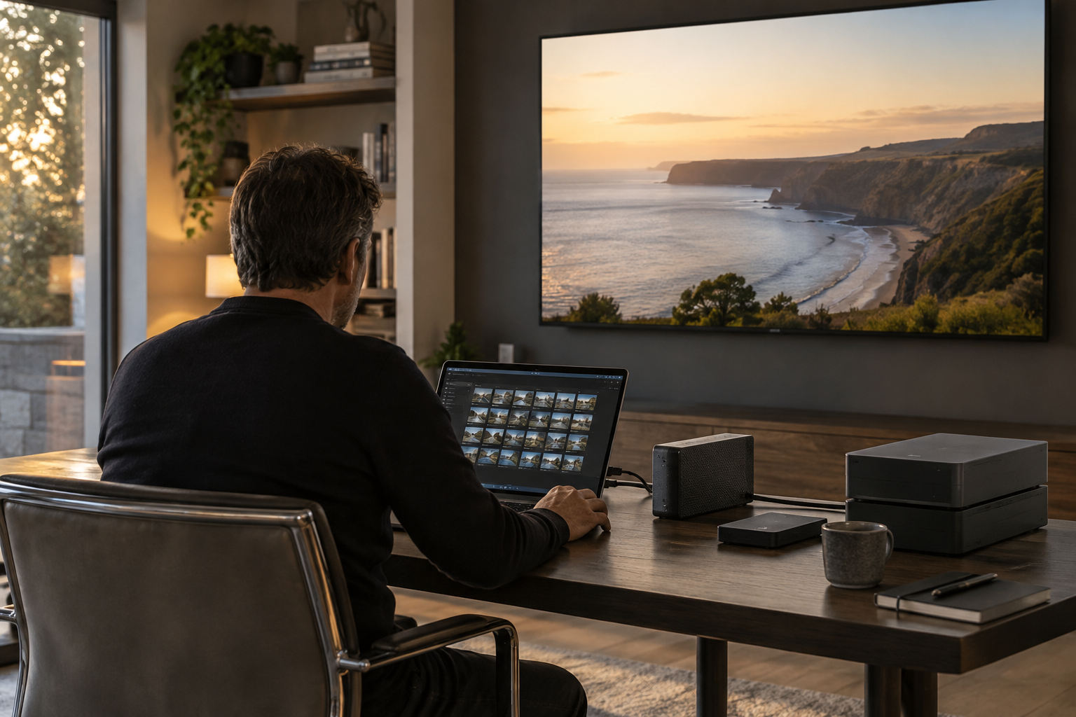 Home media archive workstation with storage drives and a large household viewing screen