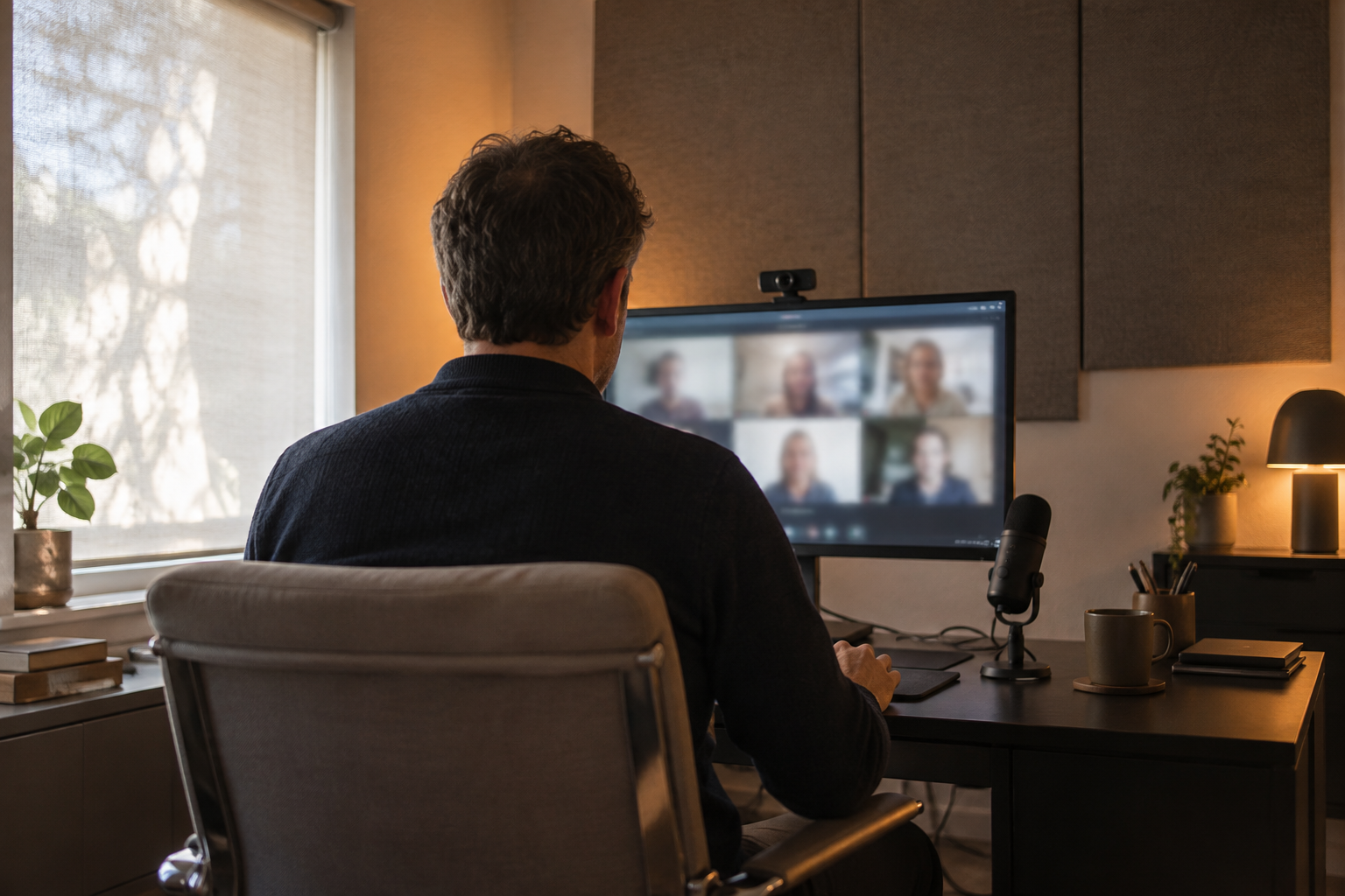 Home-office AV setup with desktop camera, microphone, acoustic panels and controlled side daylight