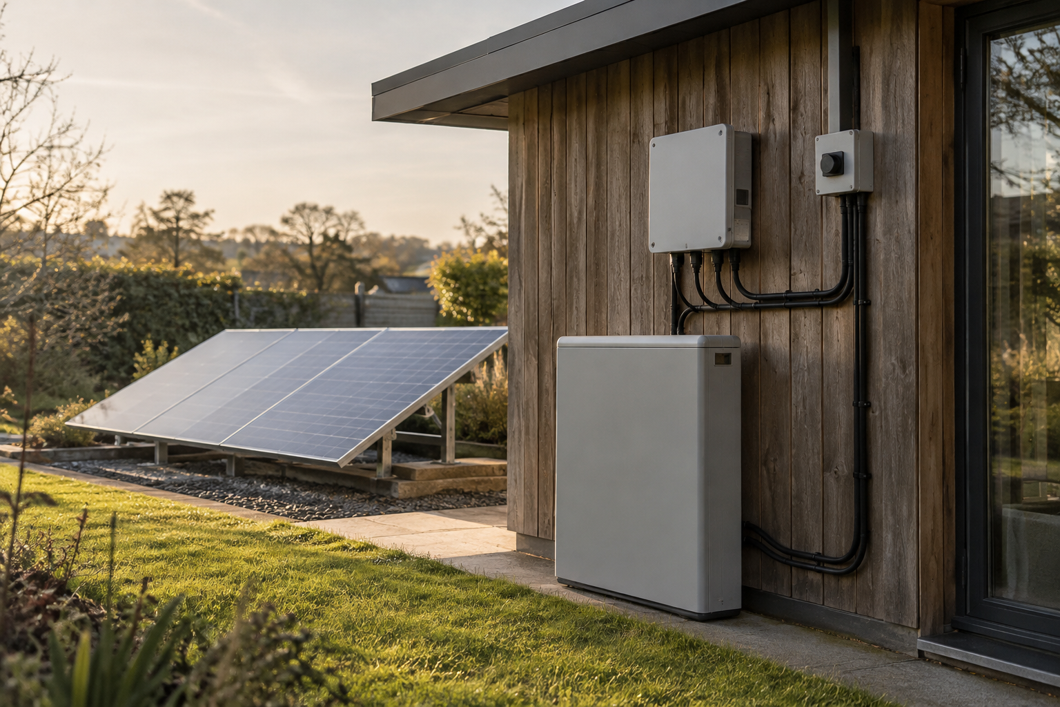 Compact home solar battery and microinverter beside photovoltaic panels on a low mounting frame