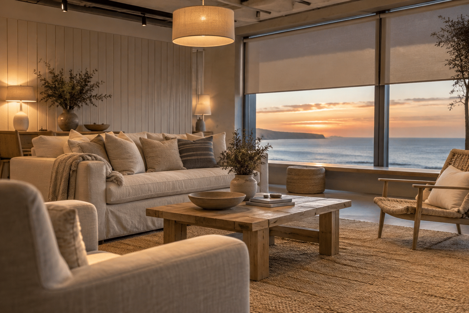 Intelligent lighting warms a coastal-style exhibition living room beside partially lowered window shades