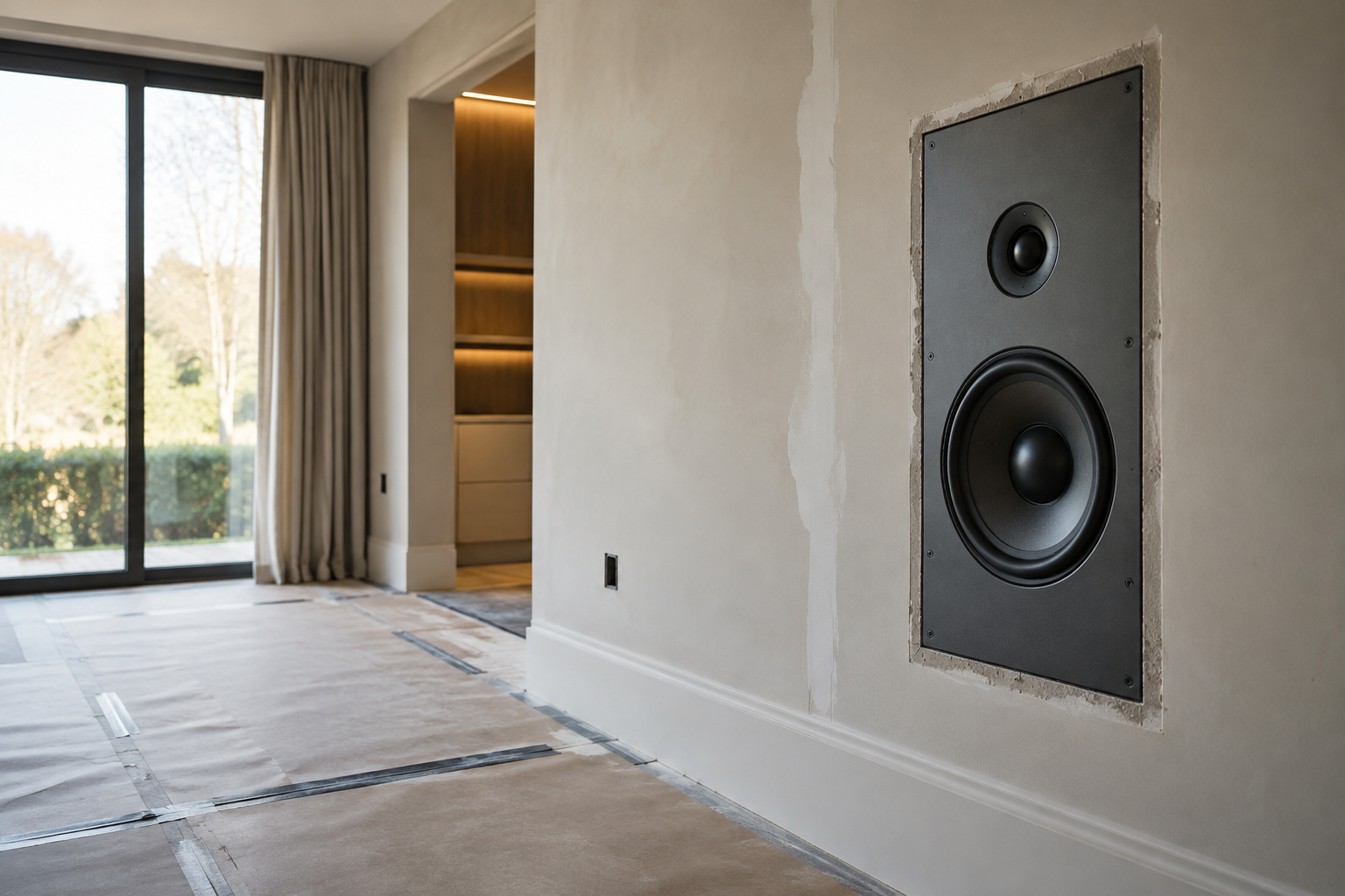 Invisible wall loudspeaker fitted flush into plasterboard before the final decorative finish