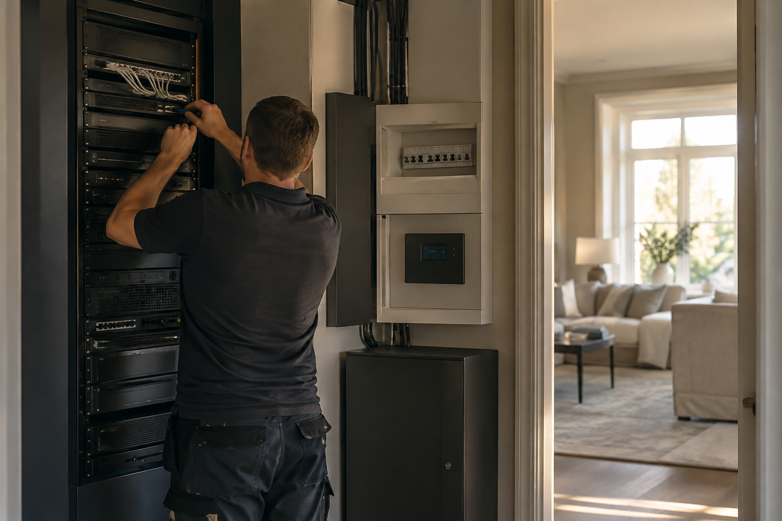 Luxury home technology installation with AV equipment, lighting controls and an anonymous installer