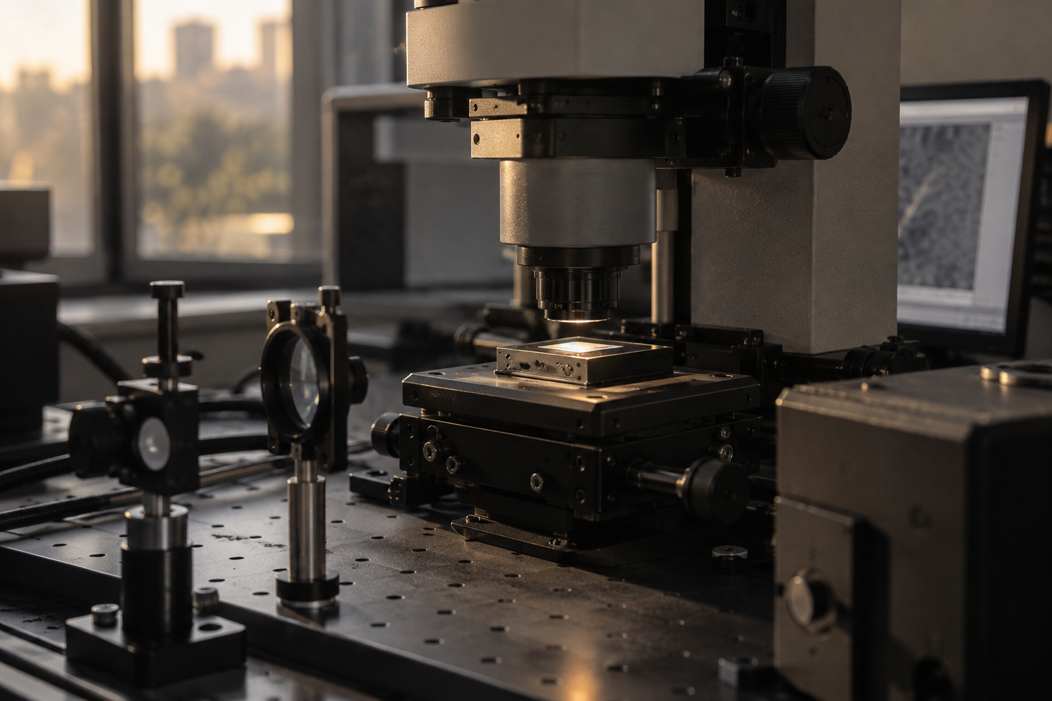 MicroLED display sample undergoing optical testing beneath a microscope on a laboratory workbench