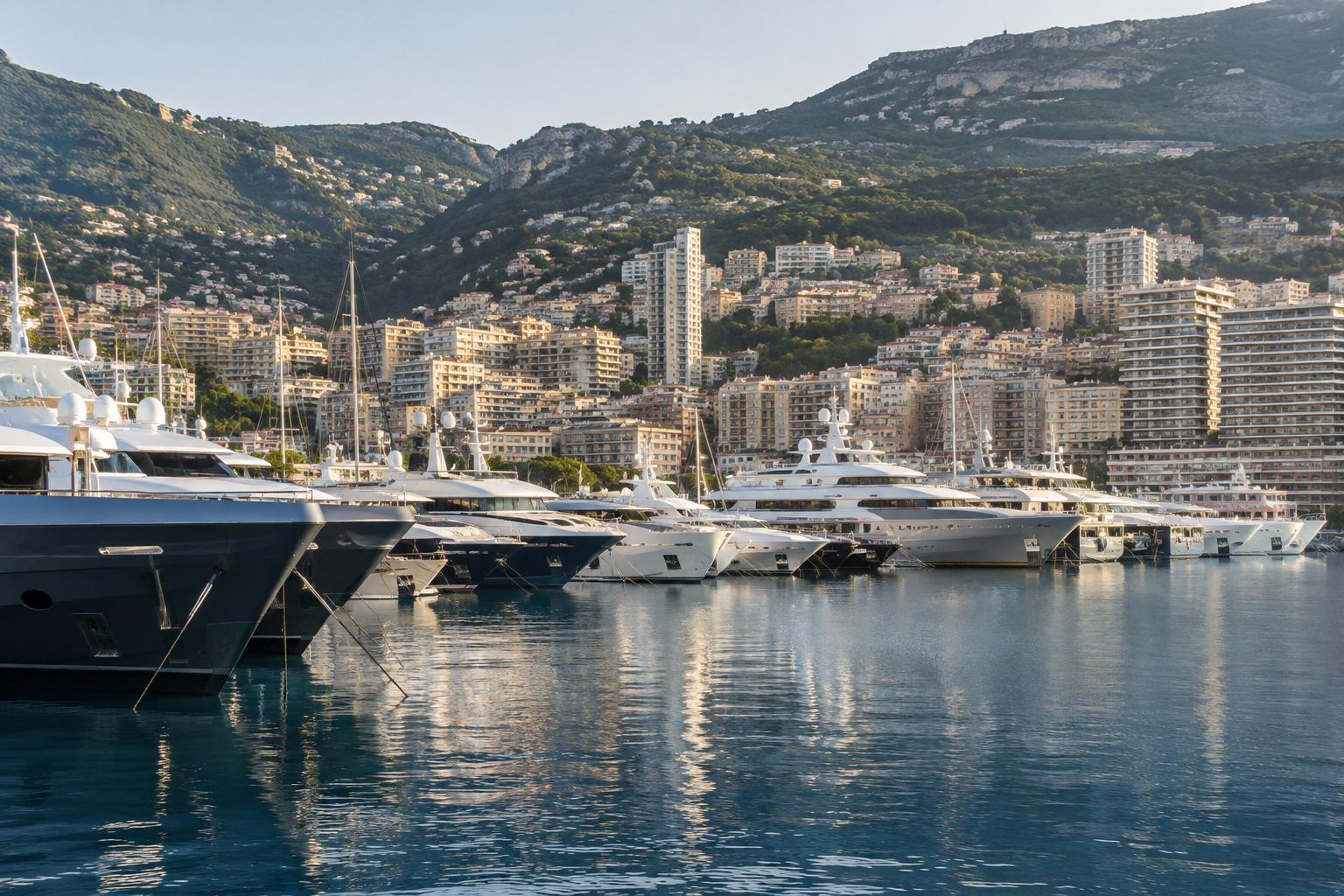 Superyachts in Monaco harbour, the setting for Monaco Yacht Show environmental initiatives.