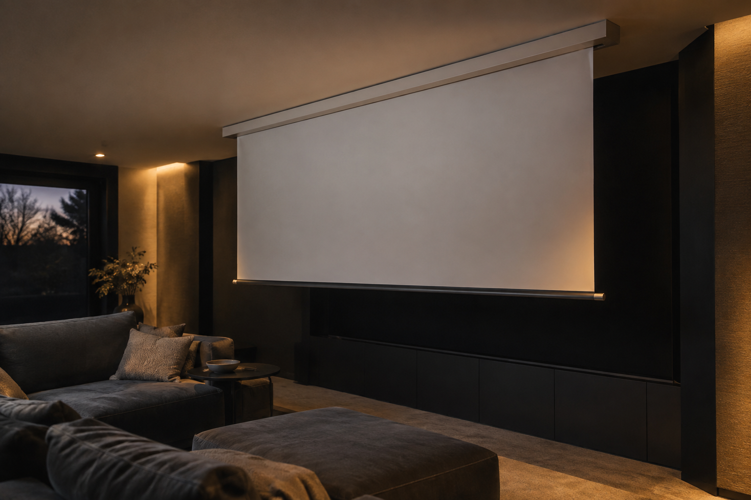 Lumene Coliseum Silent motorised projection screen with retractable fabric and ceiling-mounted housing