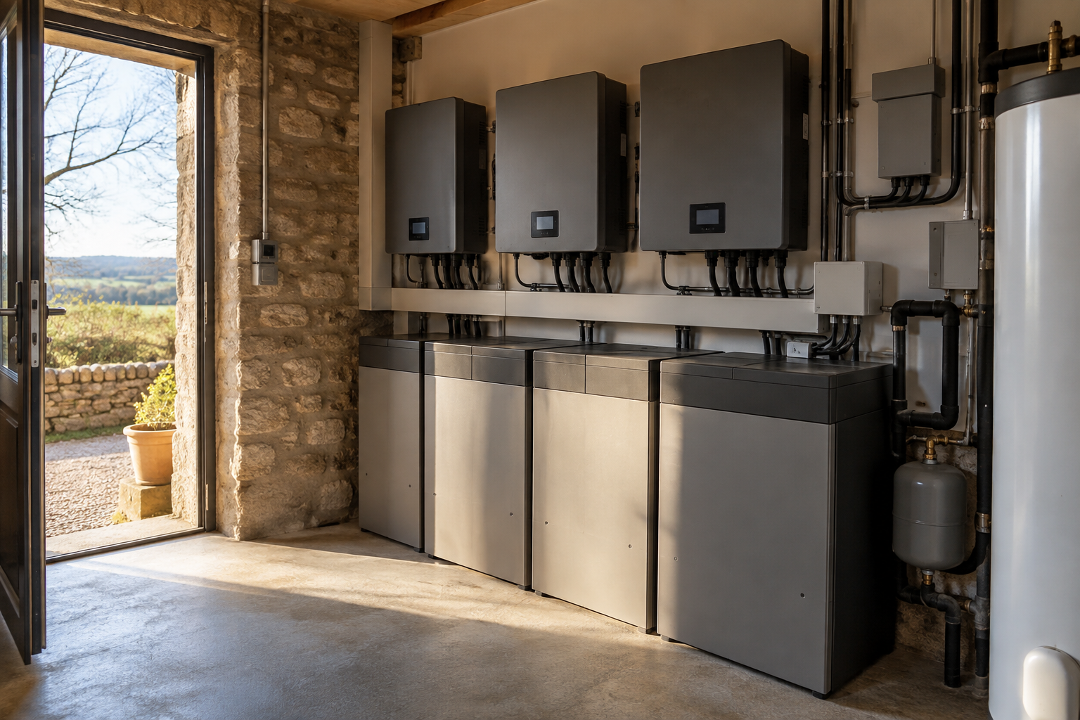 Off-grid solar battery storage and inverters in a country house energy plant room