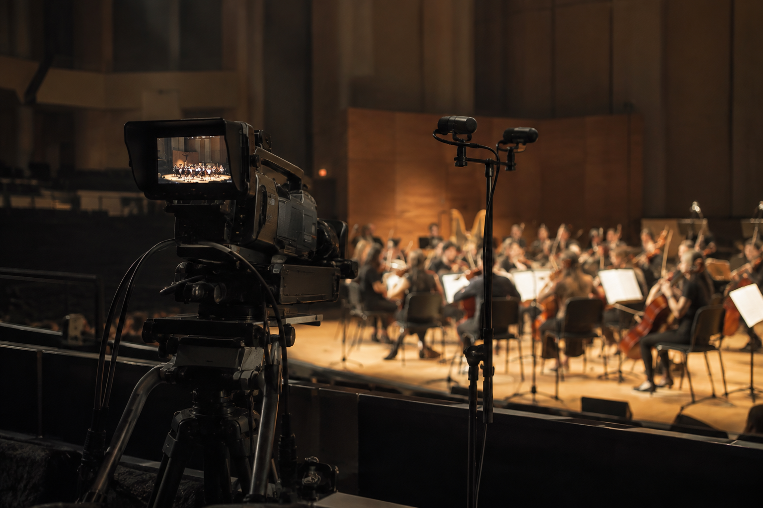 Orchestral concert capture with a cinema camera overlooking musicians during an evening rehearsal