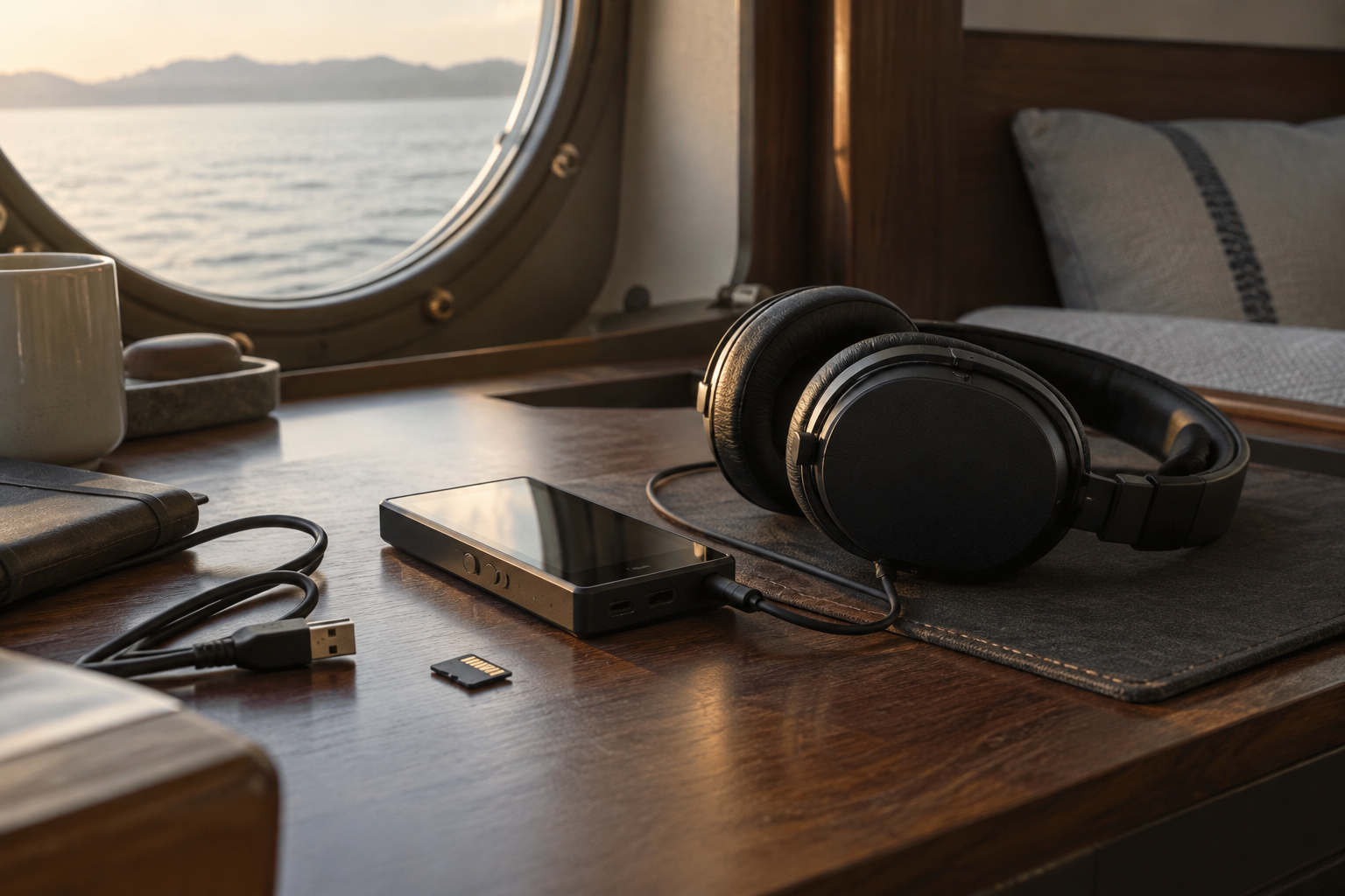 Portable high-resolution music player with wired headphones and a memory card on a desk