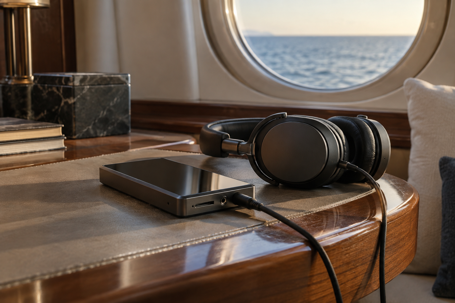 Portable hi-res music player connected to wired headphones on a yacht cabin desk