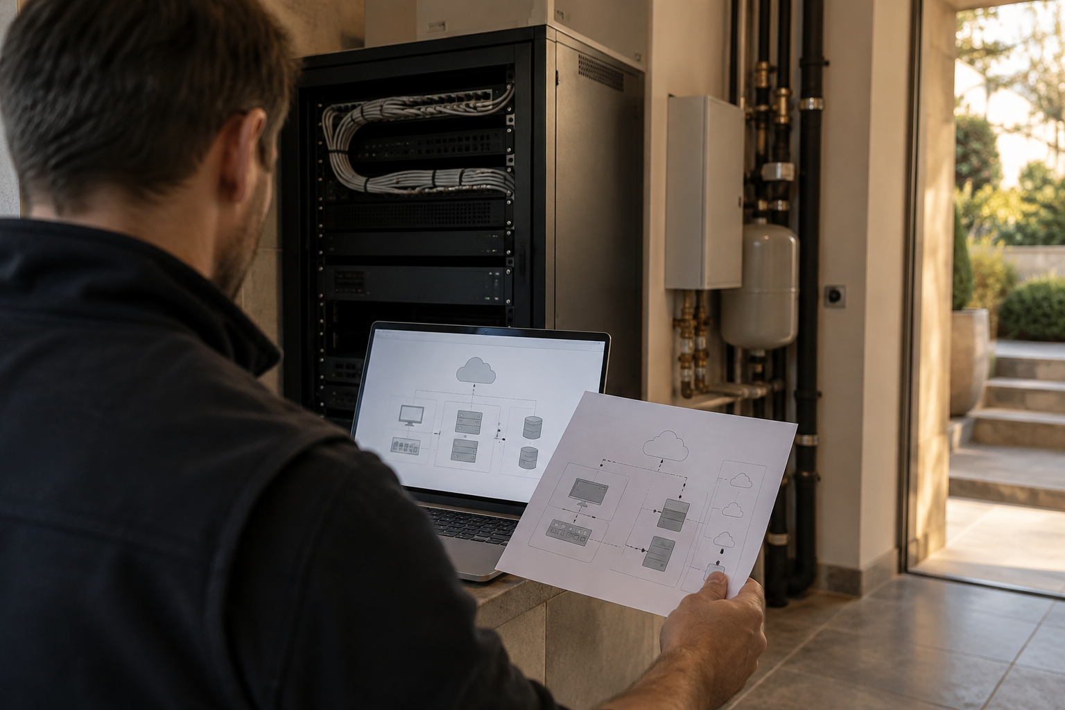 Residential cloud security review beside a network rack in a private home