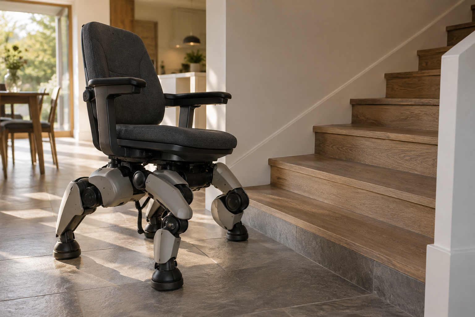 Four-legged robotic mobility chair with textile-covered joints beside a residential staircase