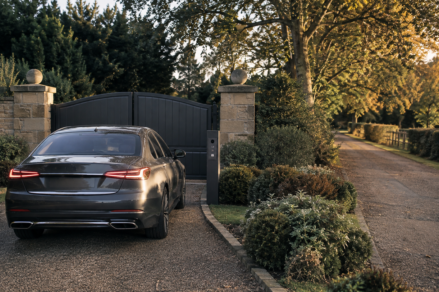Smart-home arrival entrance with closed gates, discreet intercom and separate service driveway