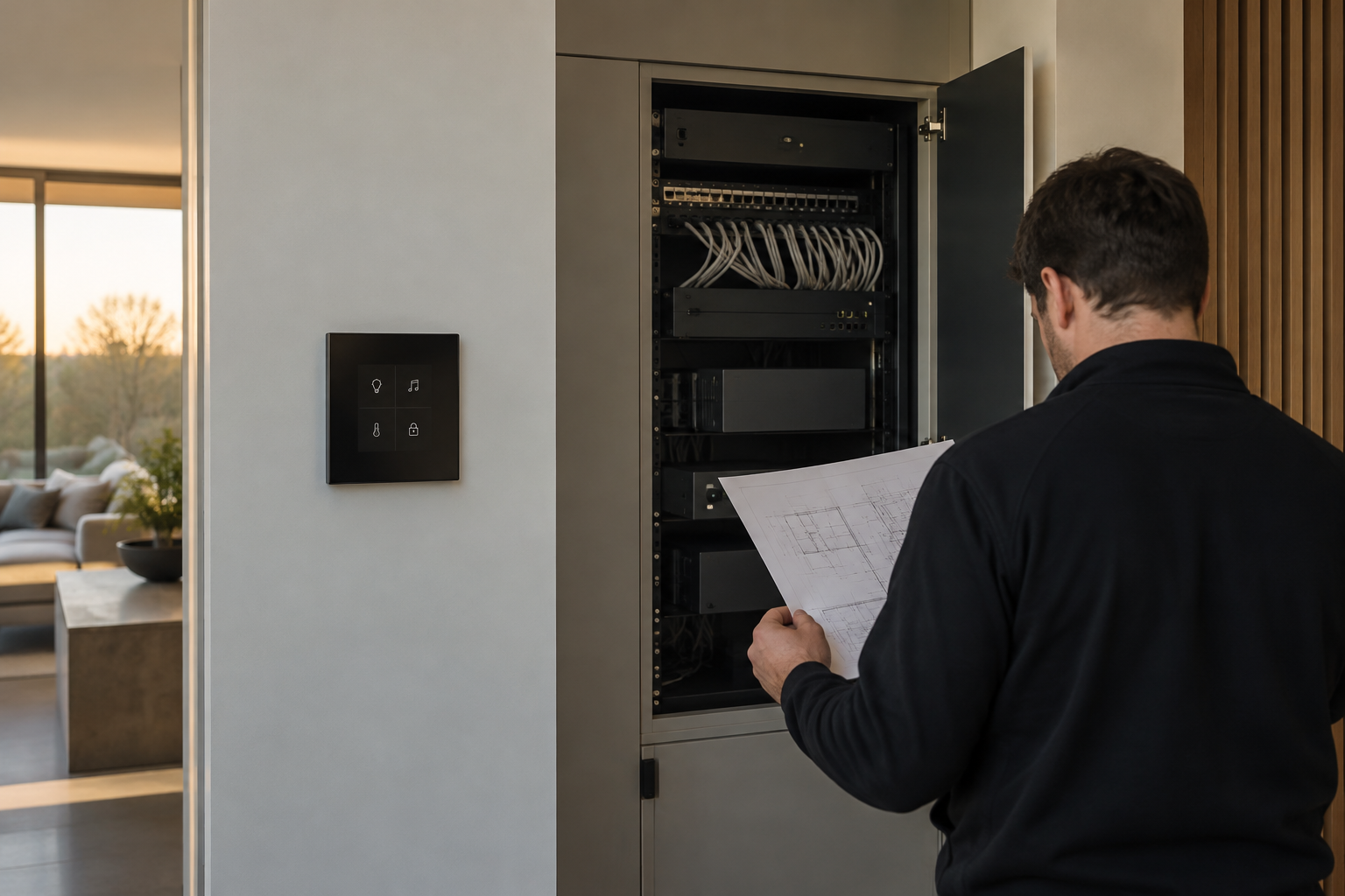 Smart home control panel beside network equipment during an integrator’s dependency review