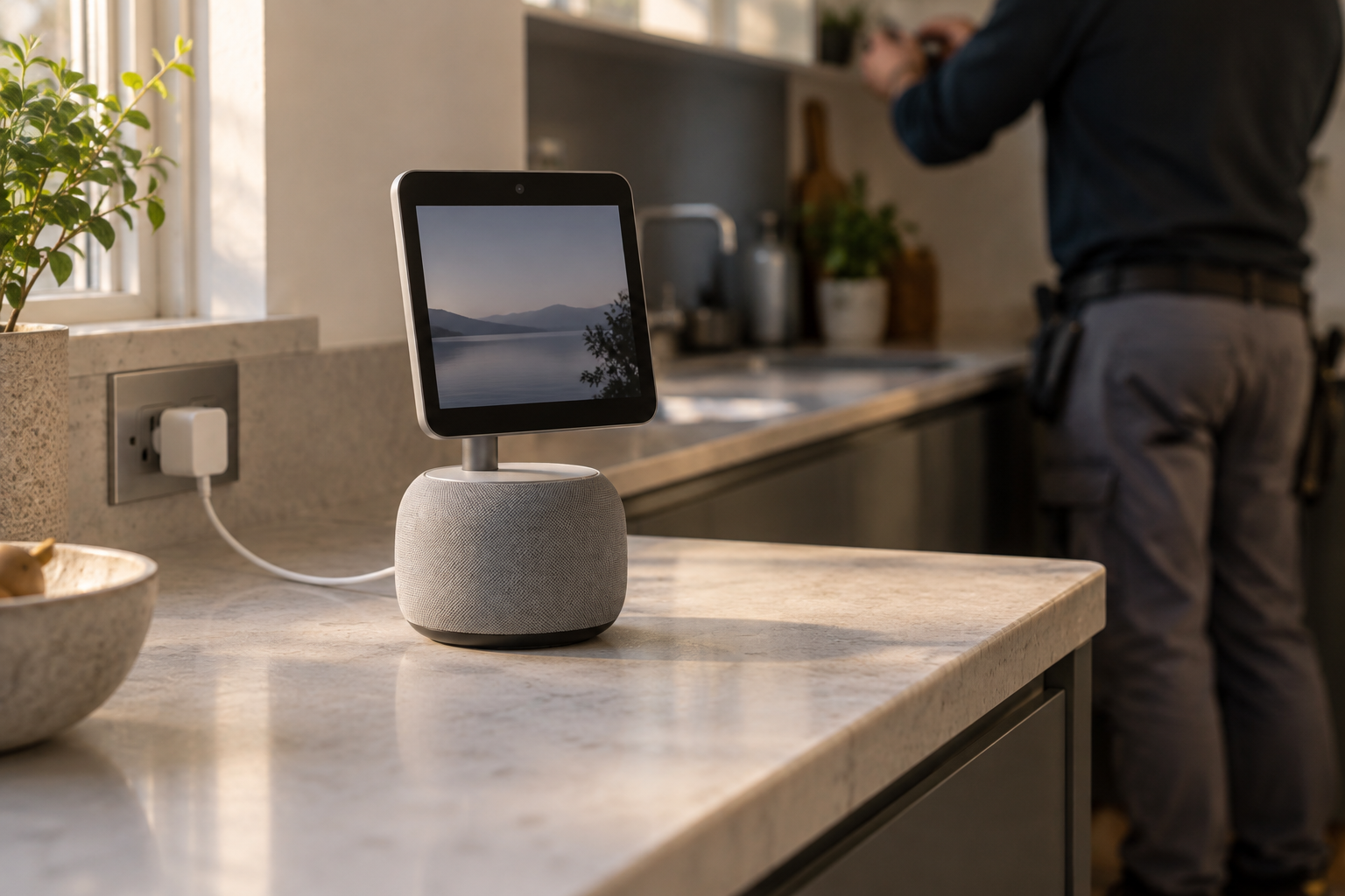 Compact smart home display with speaker base and mains cable on a kitchen counter