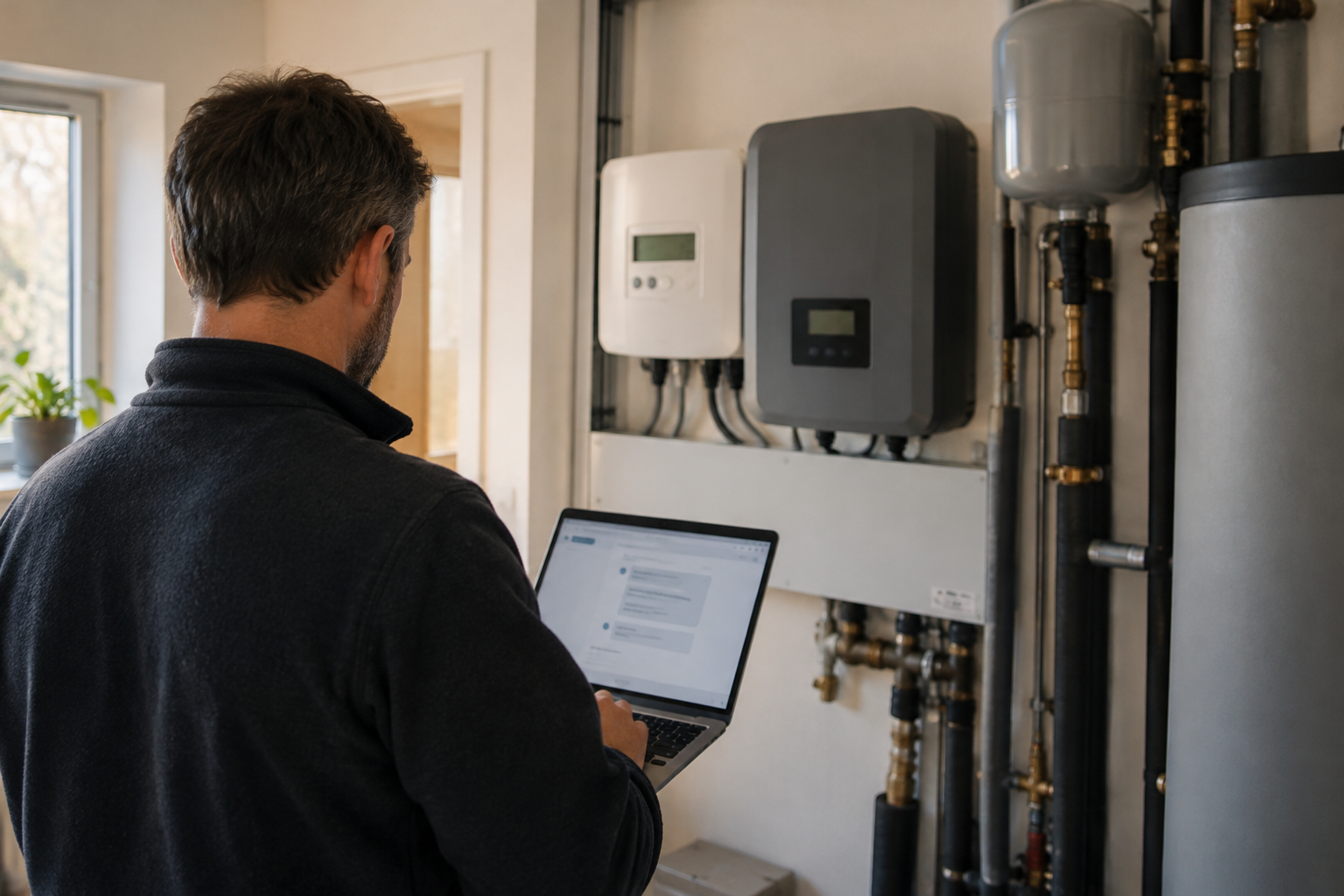Smart-home energy use reviewed beside a laptop and household electricity monitoring panel