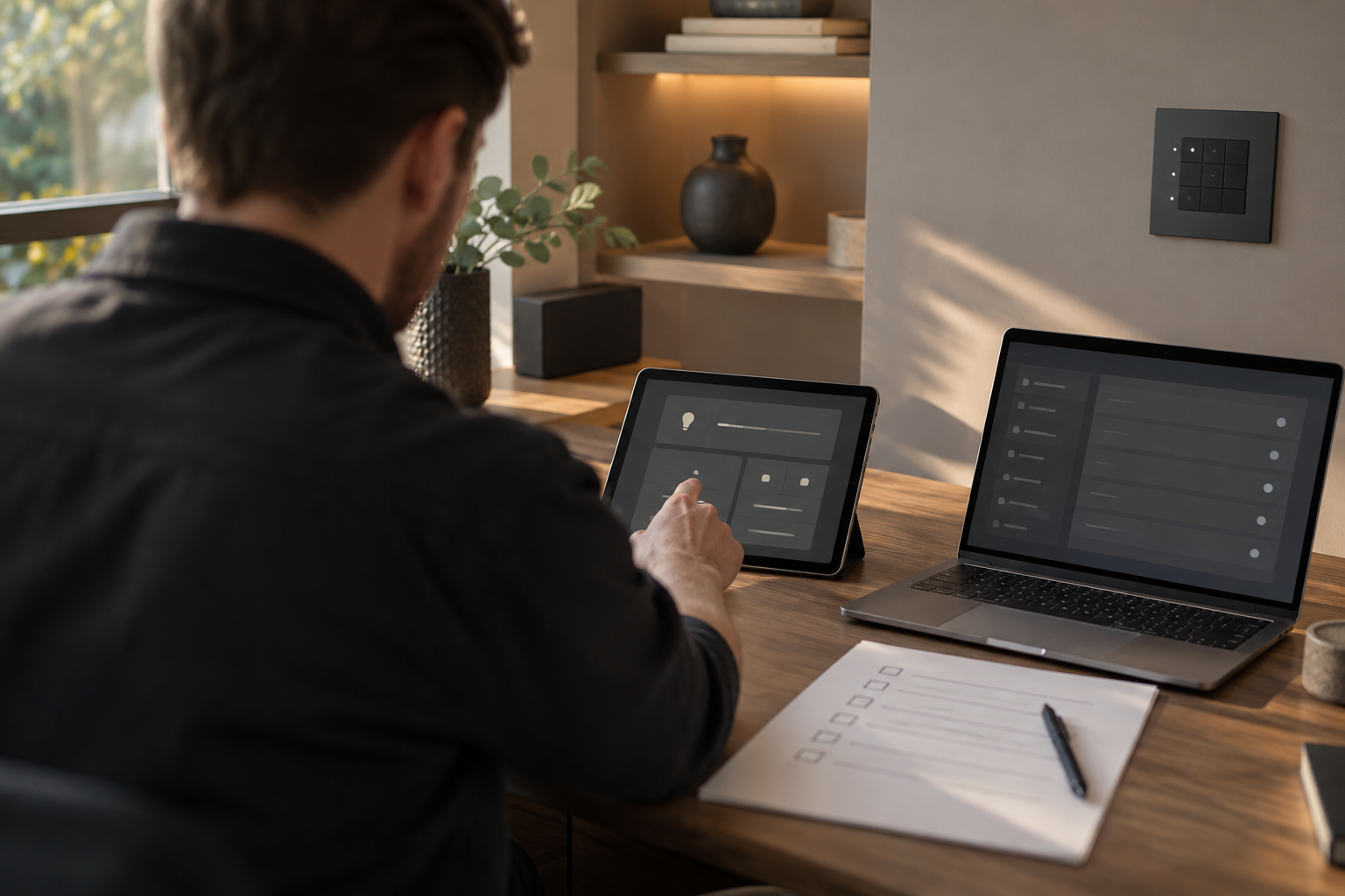 Smart-home interface testing with a tablet, laptop and wall keypad in a private study