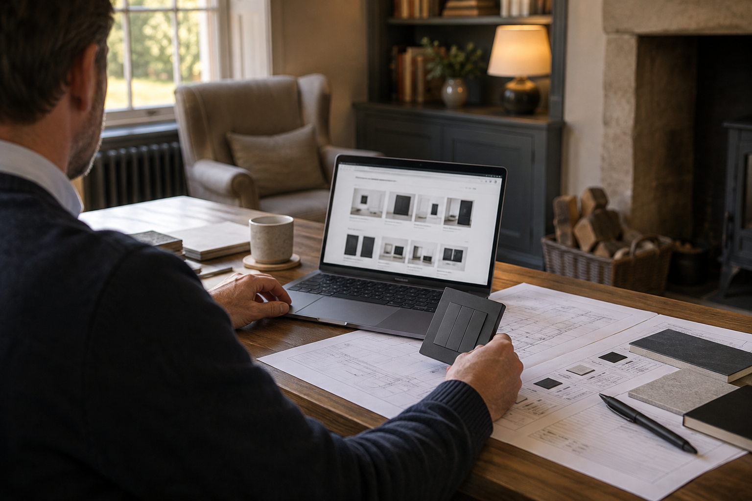 Smart-home product research beside printed technical schedules and an unbranded wall-control sample