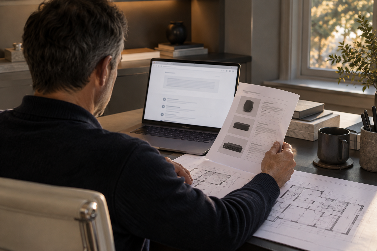 Smart-home technology research comparing a laptop search answer with printed equipment specifications