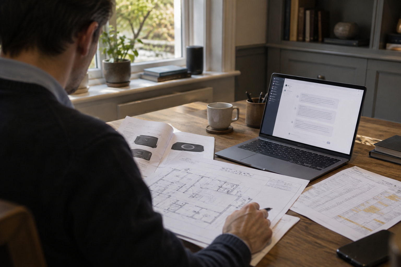 Smart-home specifications checked against equipment manuals beside a laptop in a private study
