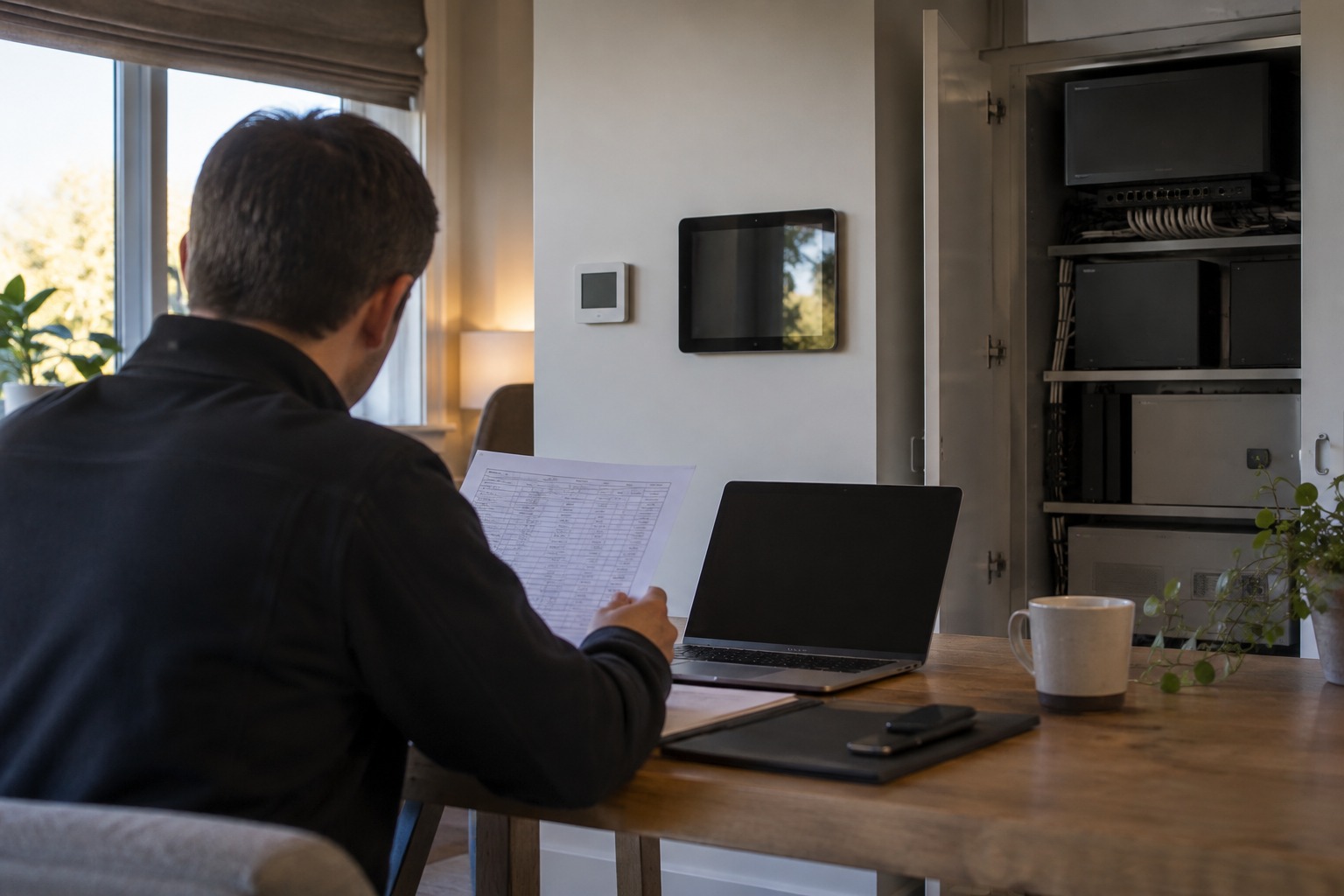 Smart-home accountability audit with equipment records, tablet and thermostat in a private study