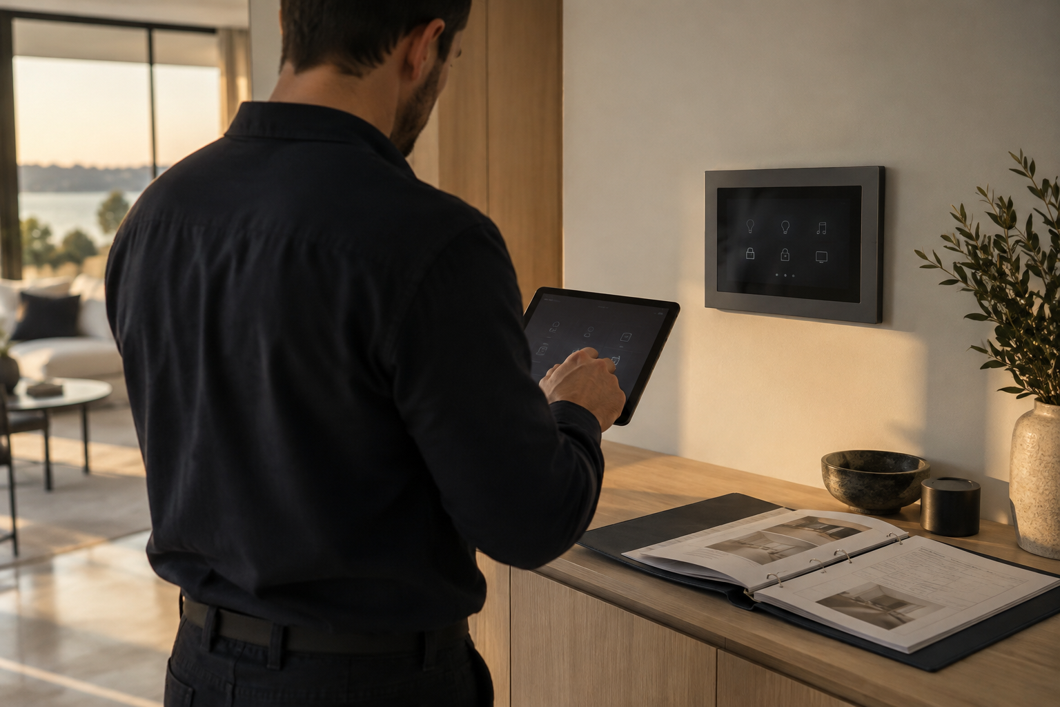 Smart home supplier documentation beside a tablet and wall-mounted control panel