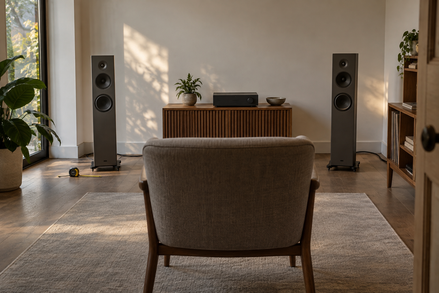 Stereo speakers positioned clear of the wall in a medium-sized private listening room