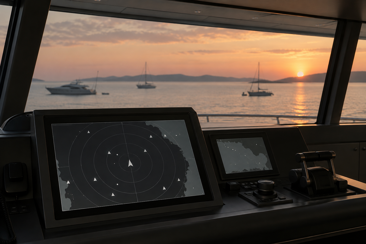 Superyacht AIS tracking display on an anonymous bridge overlooking a quiet anchorage at dusk
