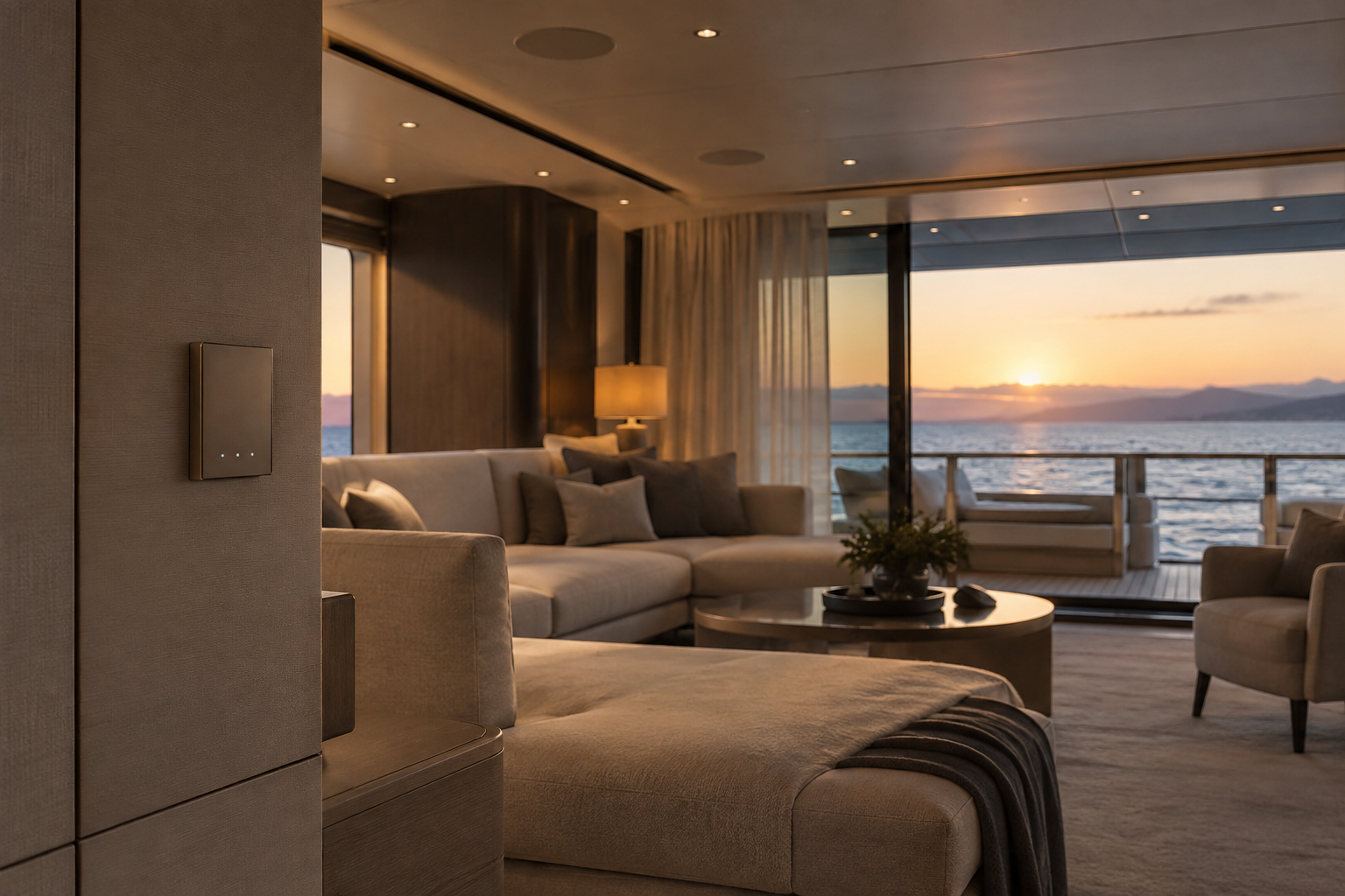 Discreet superyacht AV integration with recessed speakers and a compact saloon control panel