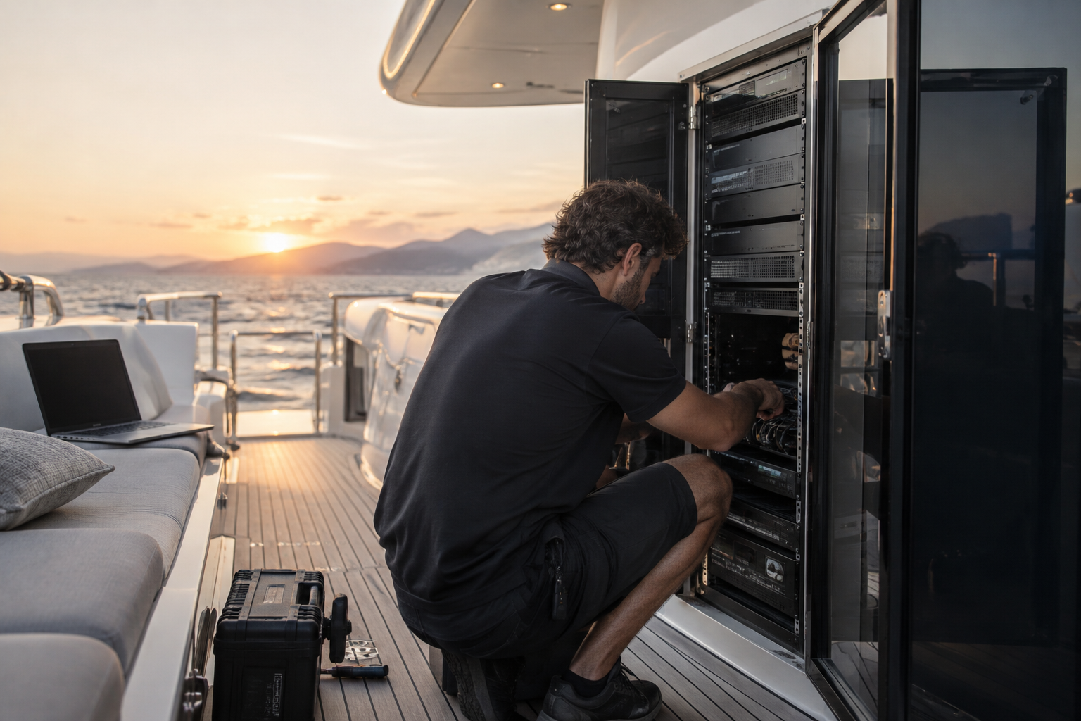 Superyacht AV and network rack being serviced on deck during a technology refit